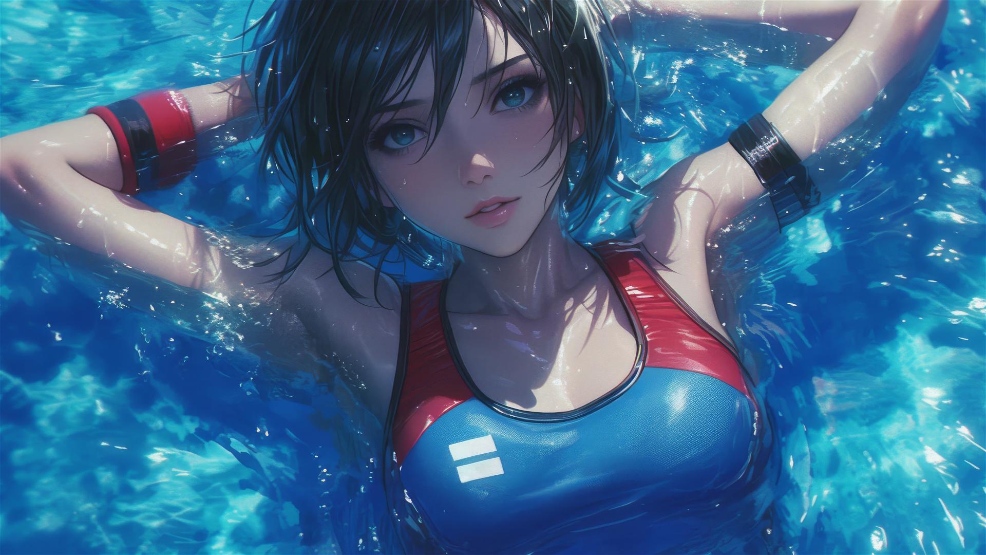 Mikasa Ackerman swimming in moonlit pool