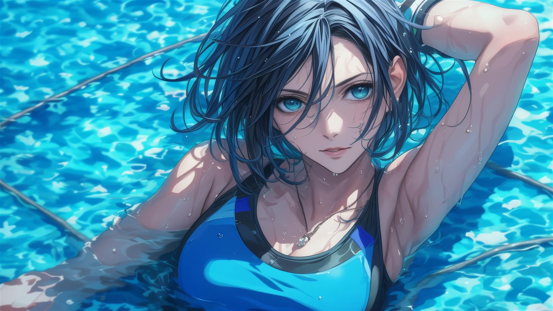 Mikasa Ackerman swimming under moonlight in a pool