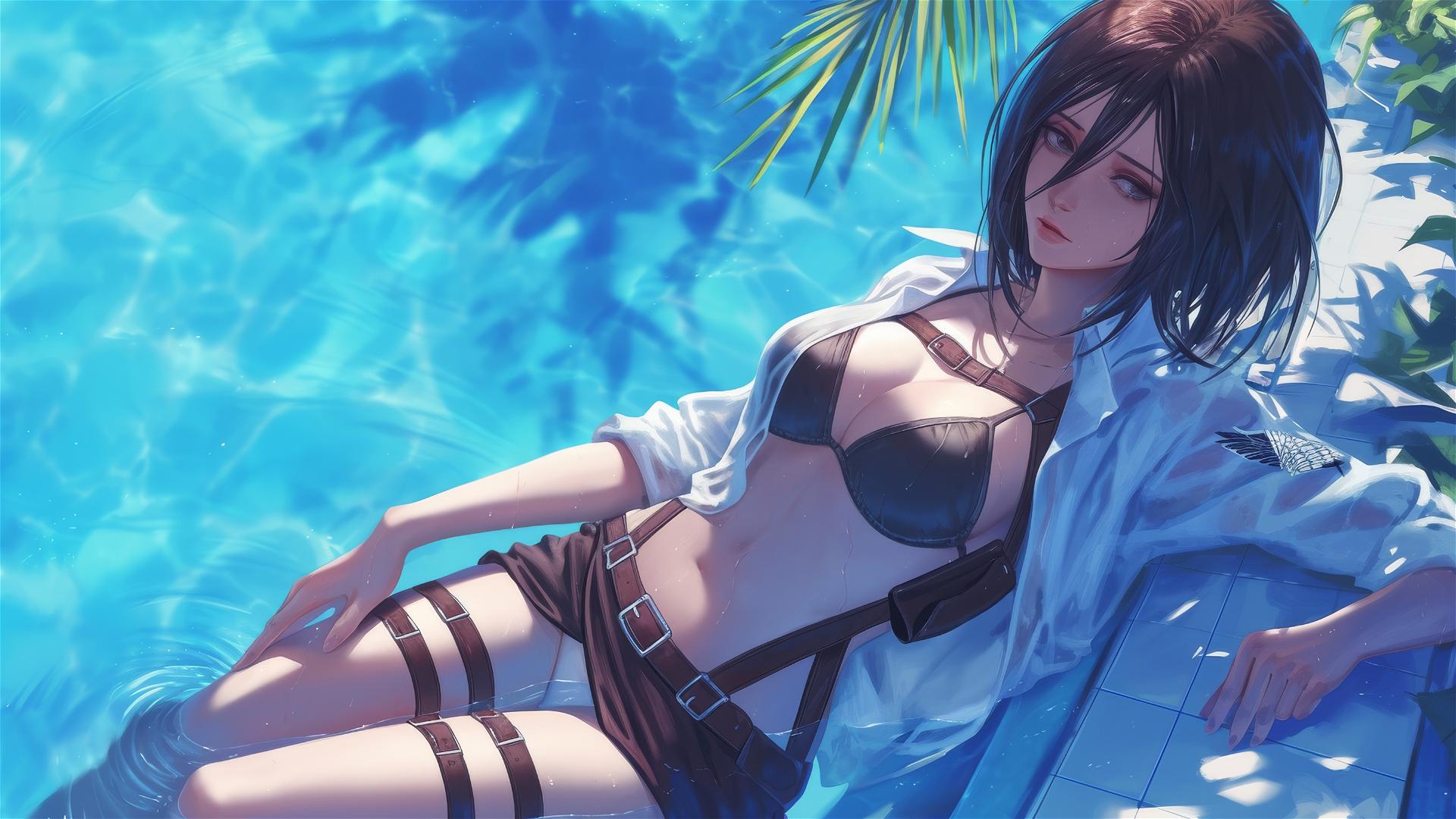 Mikasa Ackerman from Attack on Titan by the pool under moonlight