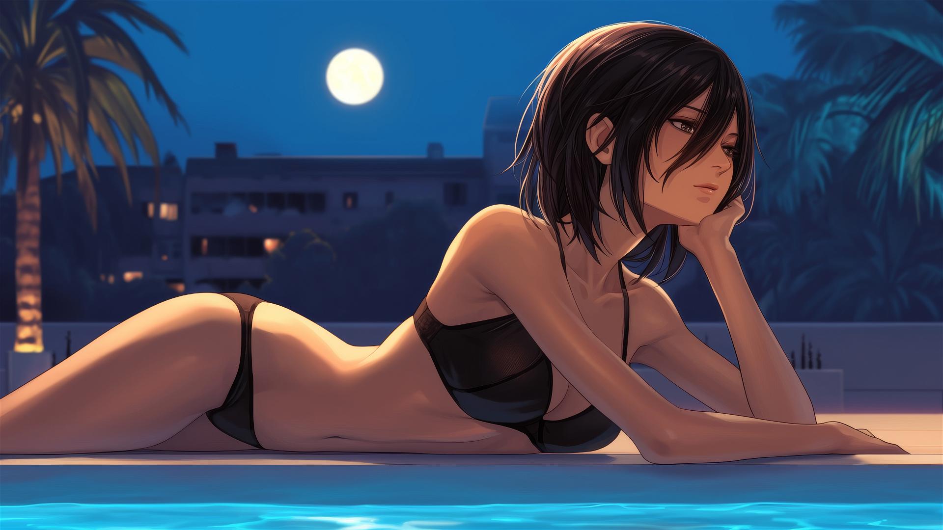 Mikasa Ackerman resting by the pool under moonlight