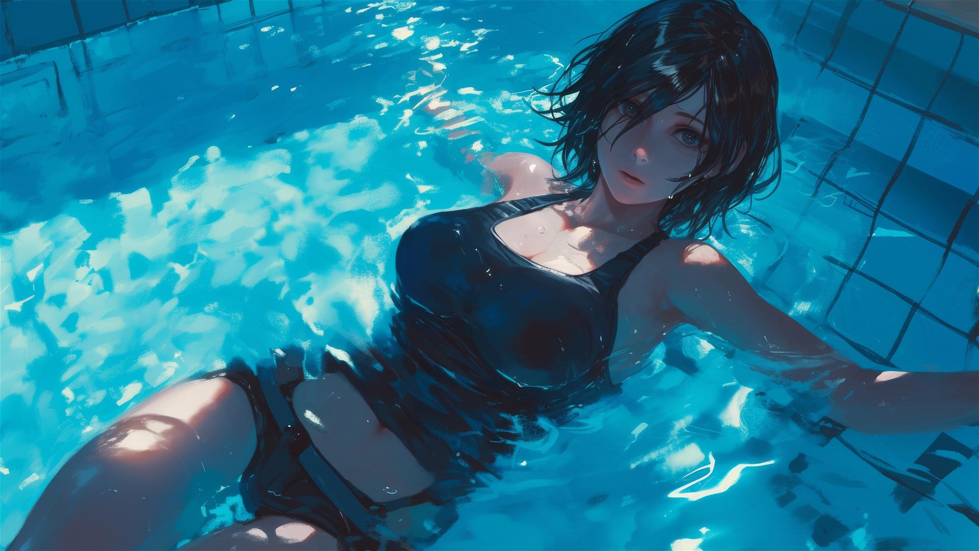 Mikasa Ackerman swims in moonlit pool