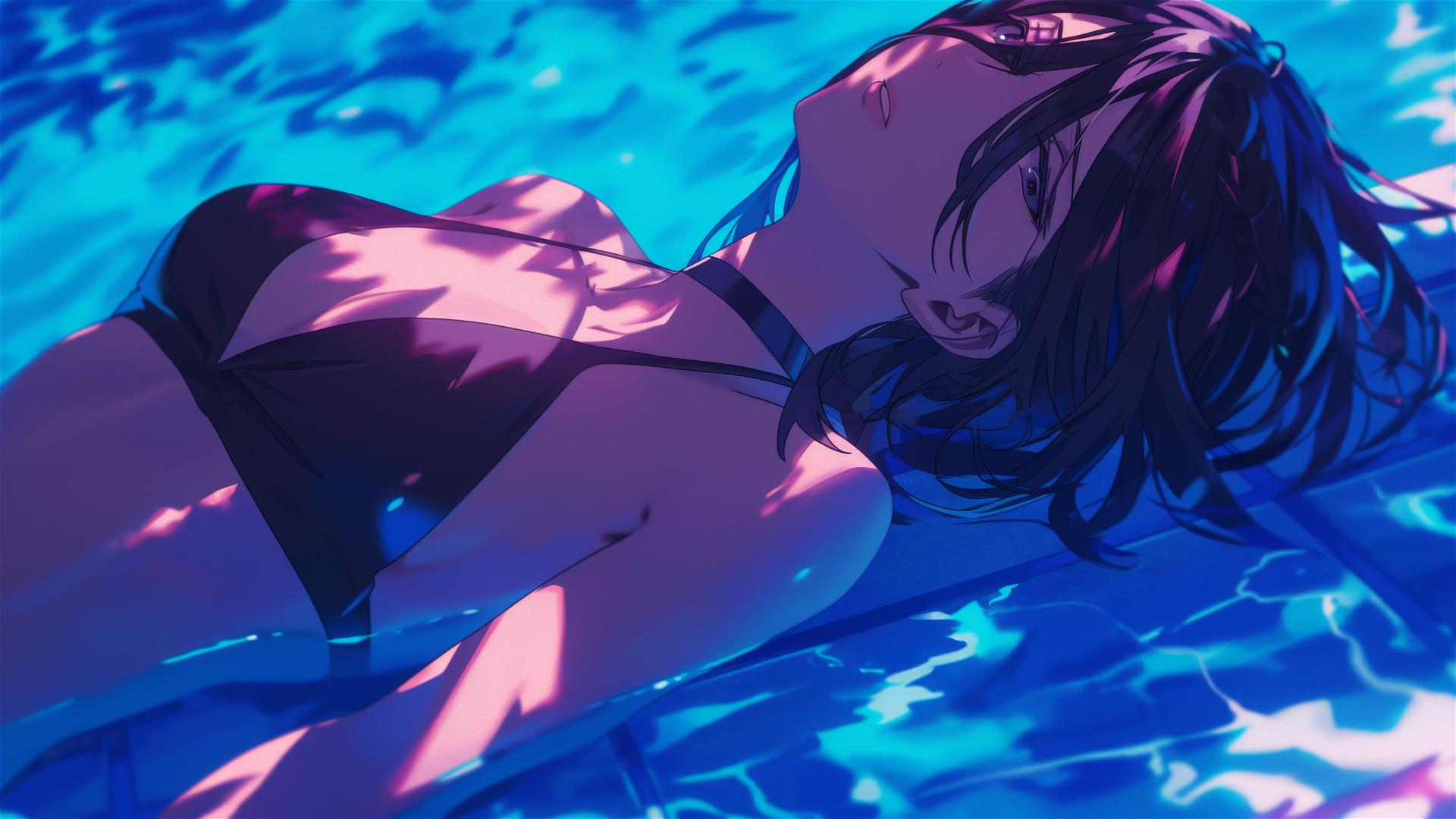Mikasa Ackerman by the pool under moonlight