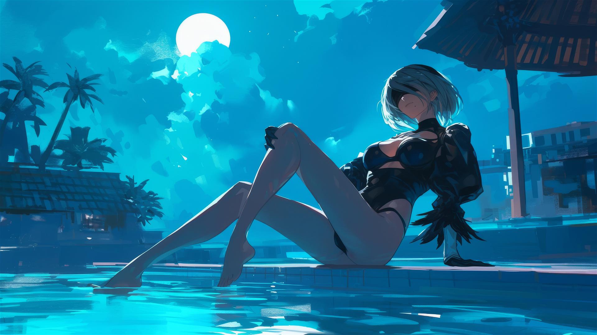 2B from Nier resting by pool under moonlight