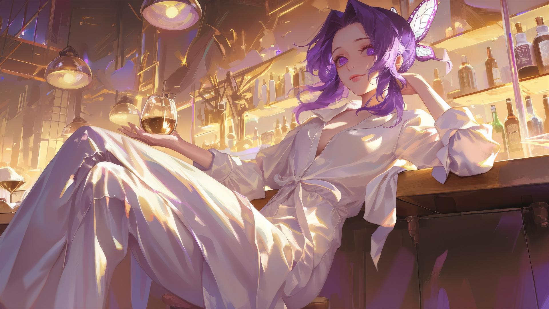 Shinobu Kocho in white silk pajamas at a dimly lit bar with soft morning glow