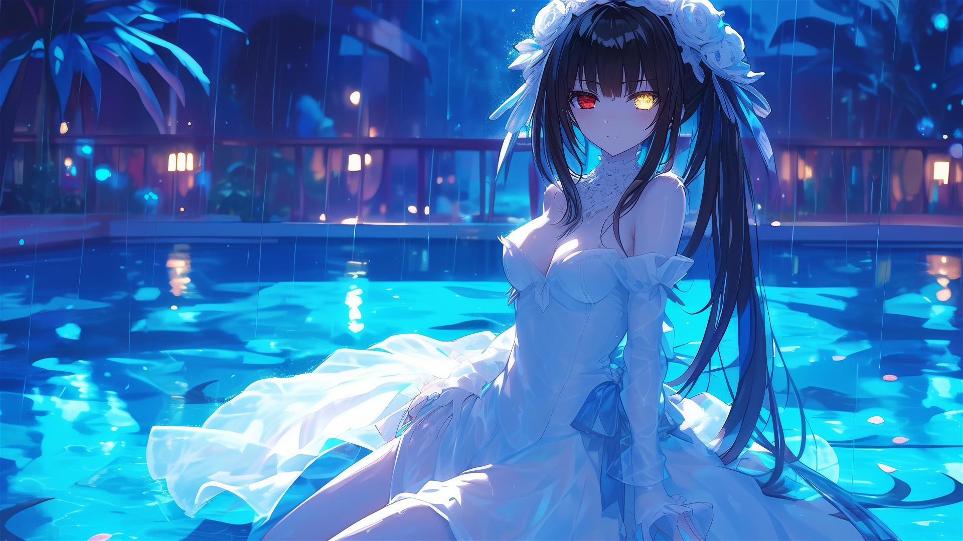 Kurumi Tokisaki from Date A Live leisurely in a rainy pool under moonlight