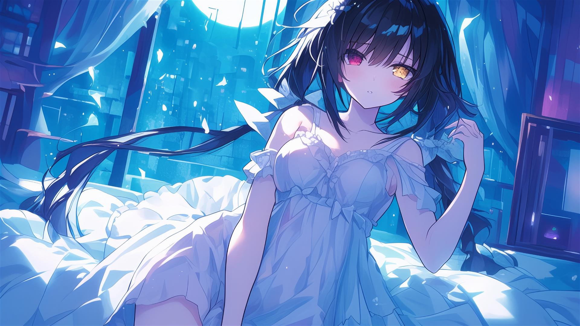 Kurumi Tokisaki in white, moonlit bedroom, with red and yellow eyes
