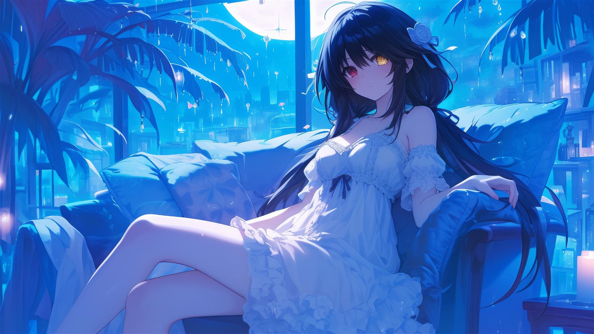 Kurumi Tokisaki from Date A Live resting, moonlit glow, red and yellow eyes