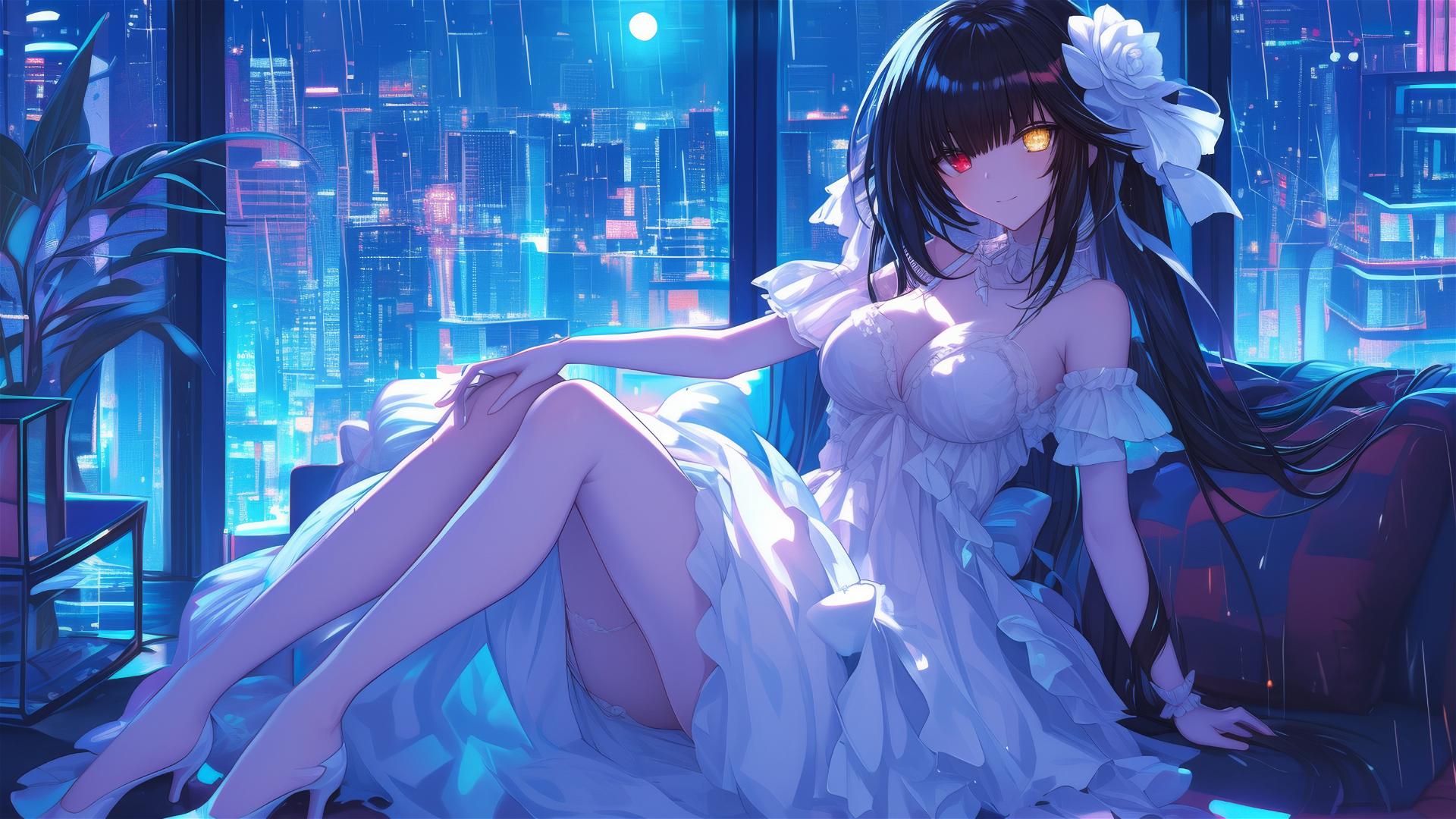 Kurumi Tokisaki resting in moonlit apartment, in white dress, with one red and one yellow eye