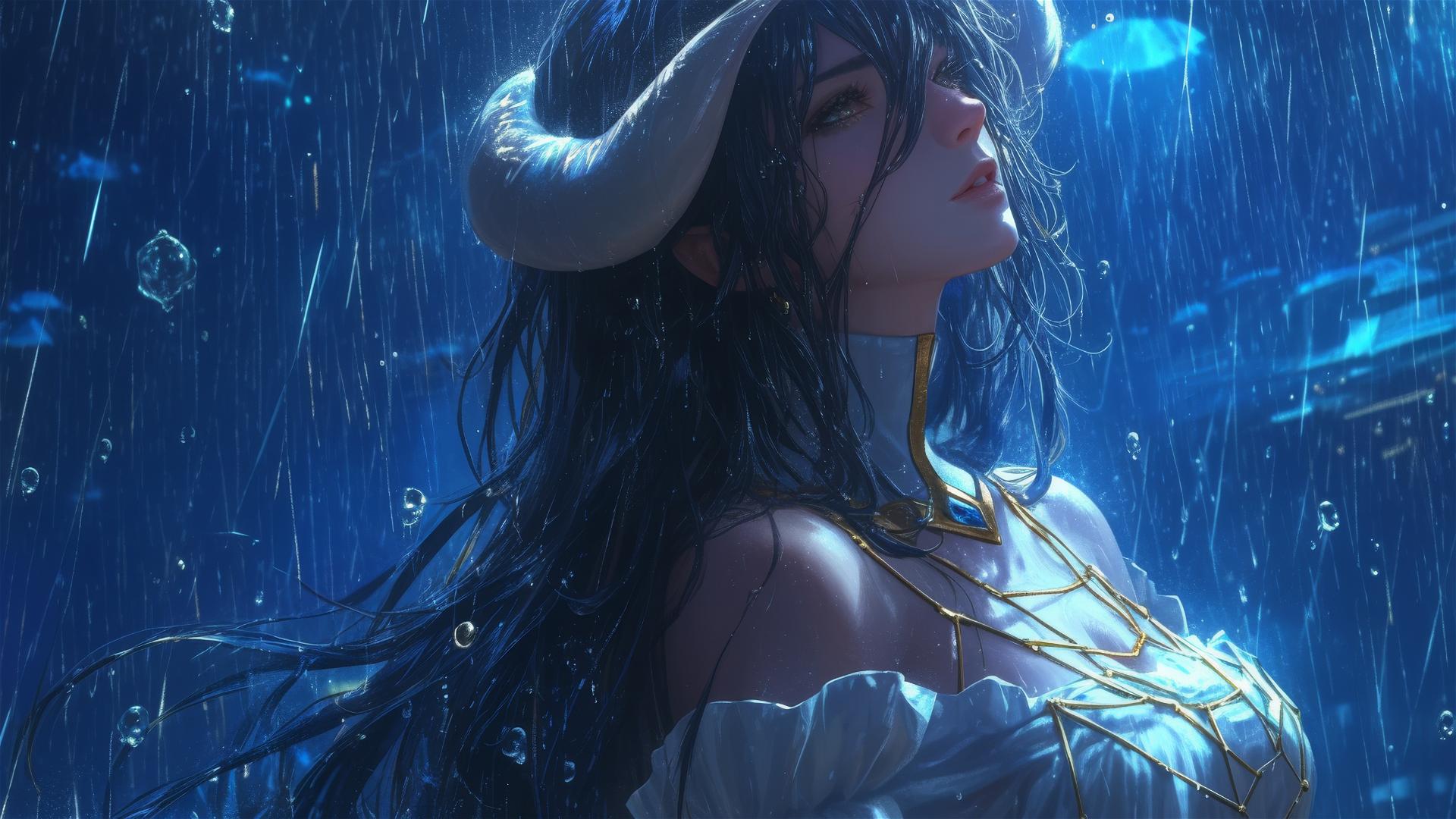 Albedo from Overlord in a bunny pose, in the rain with moonlight glow