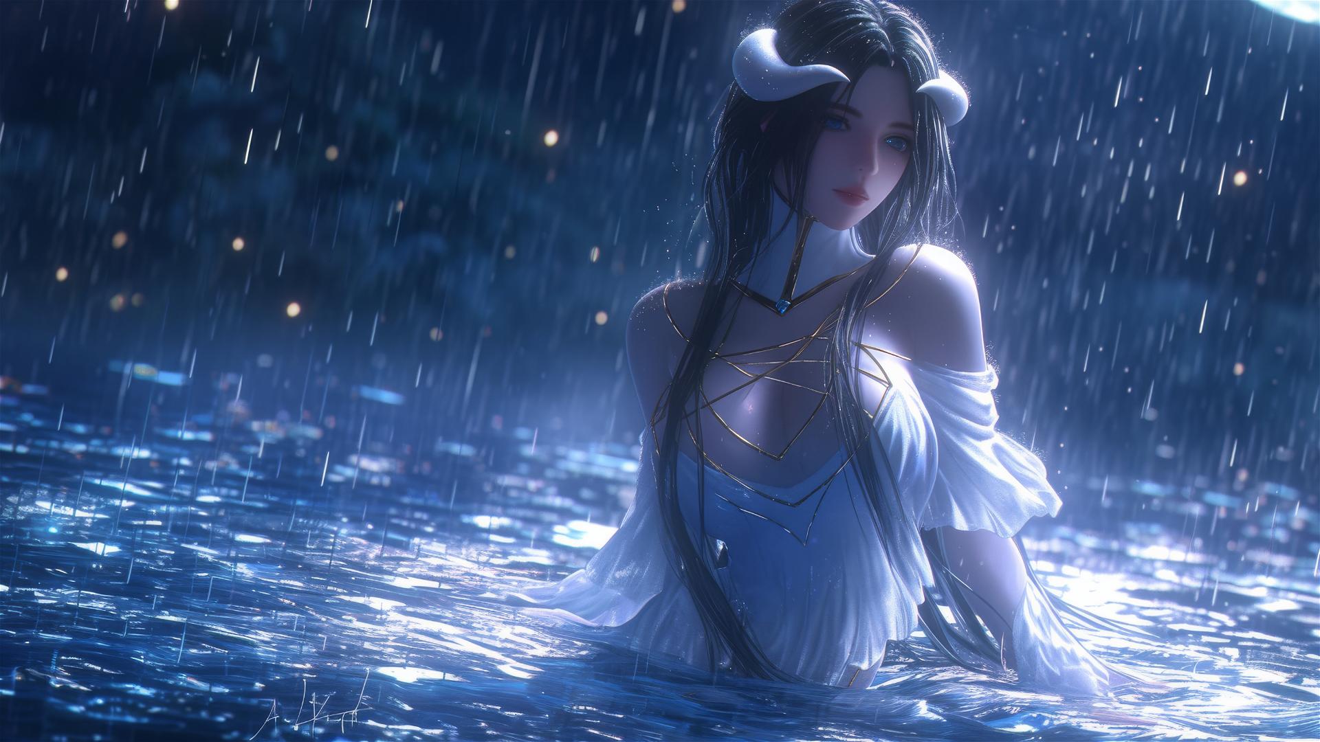 Albedo from Overlord in white, rainy moonlit scene