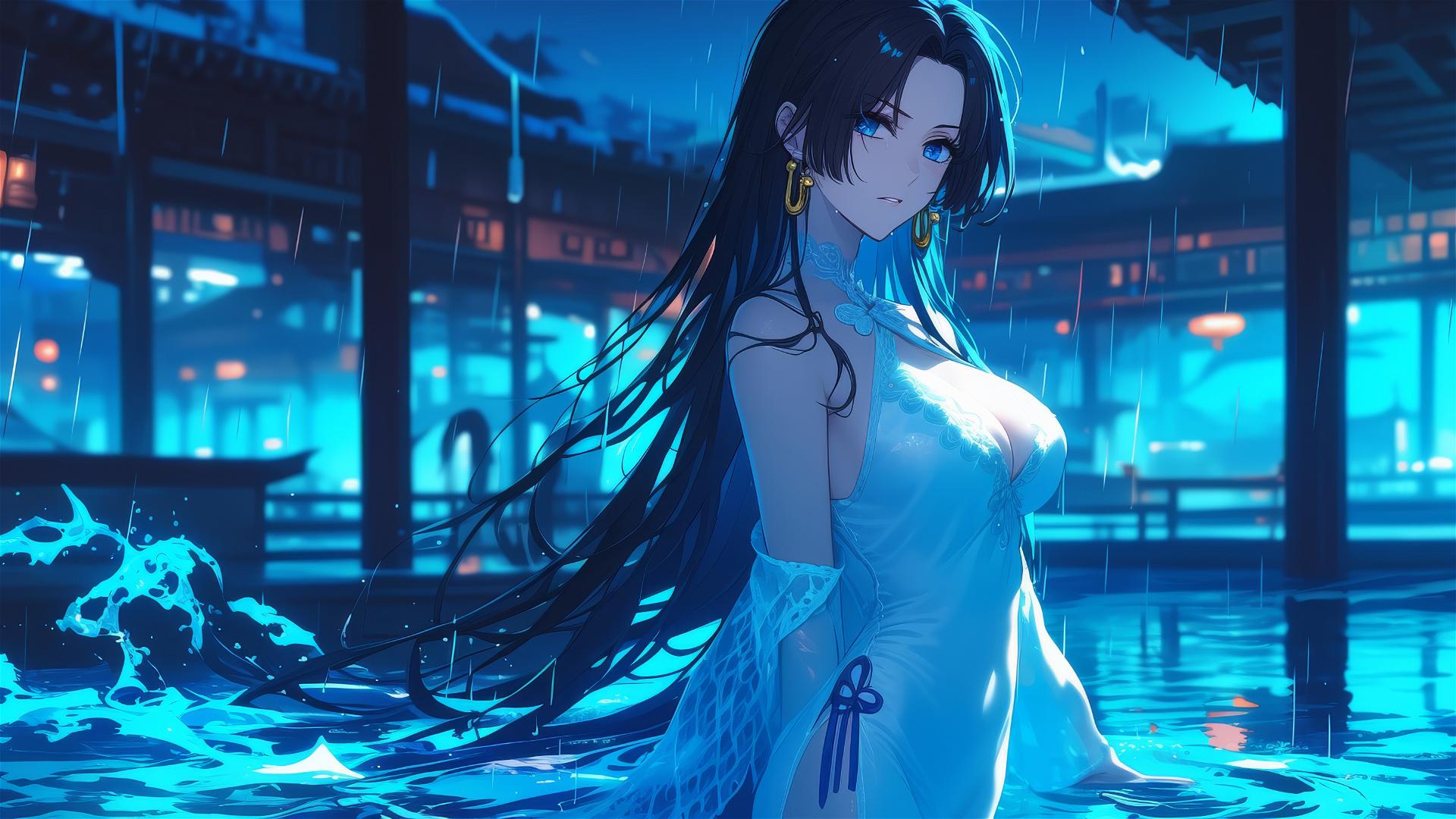 Boa Hancock from One Piece standing in rainy pool with moonlight glow