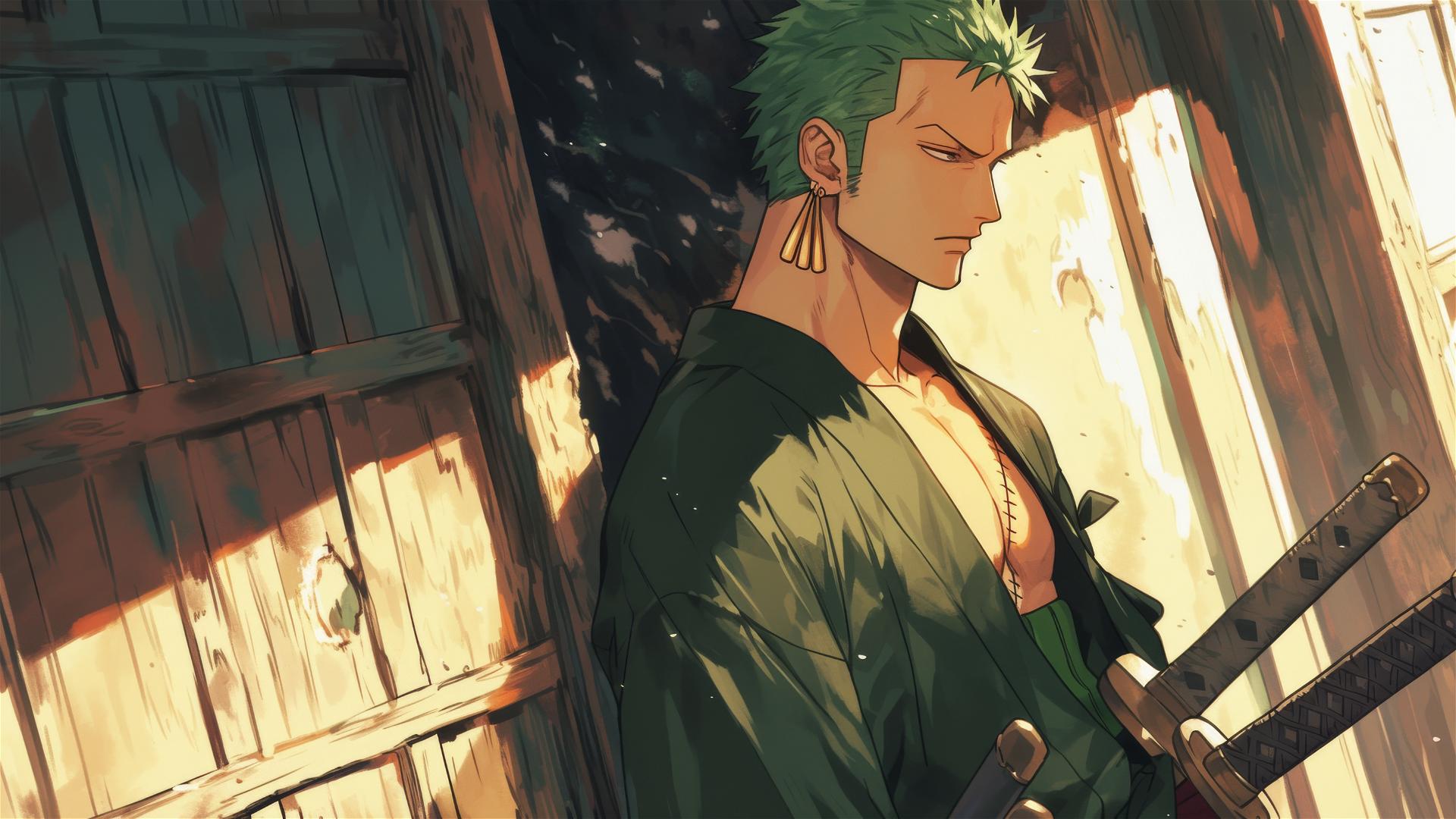 Roronoa Zoro at haunted house doorway with eerie light