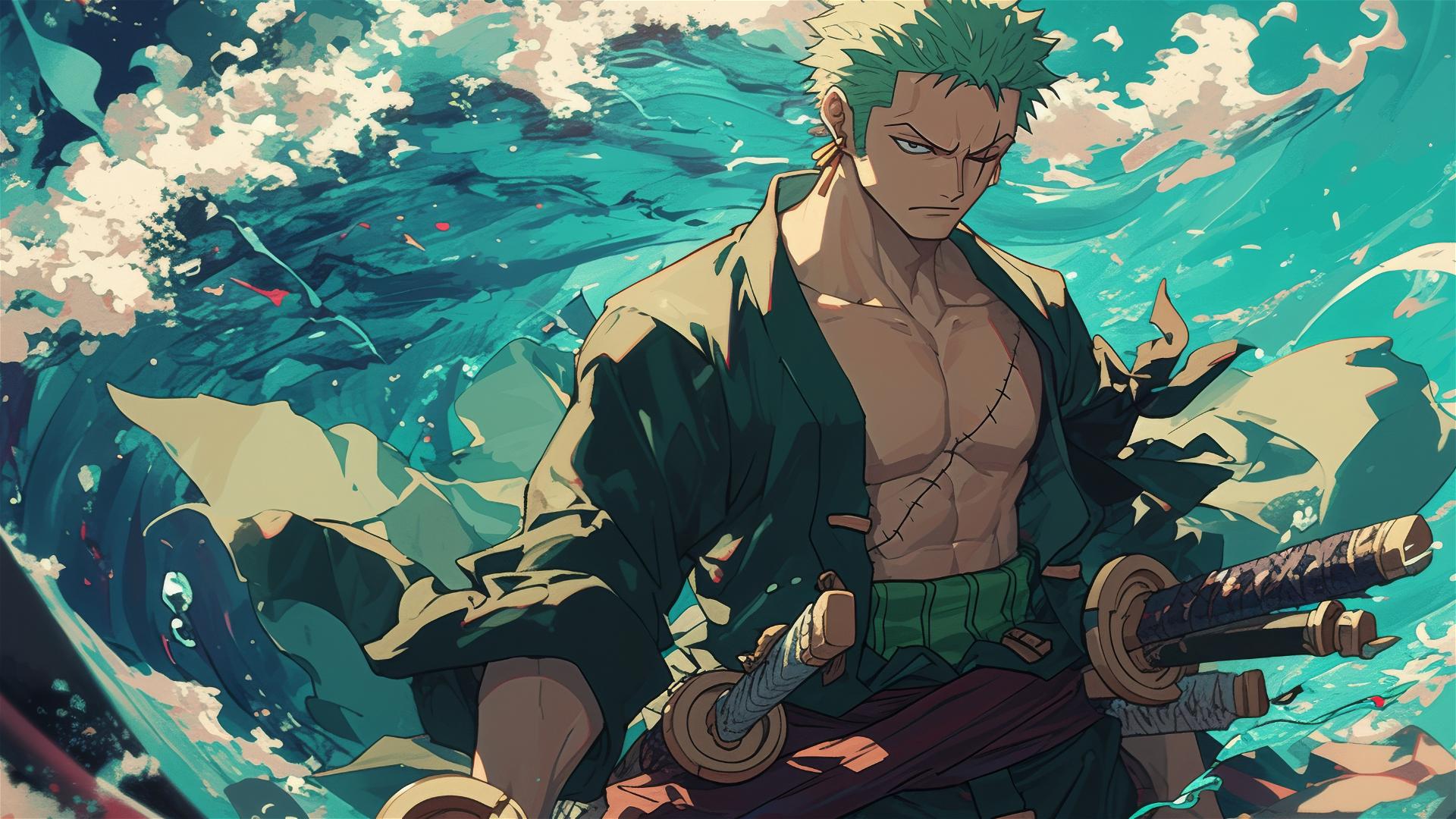 Roronoa Zoro standing in midnight desert with cloak billowing