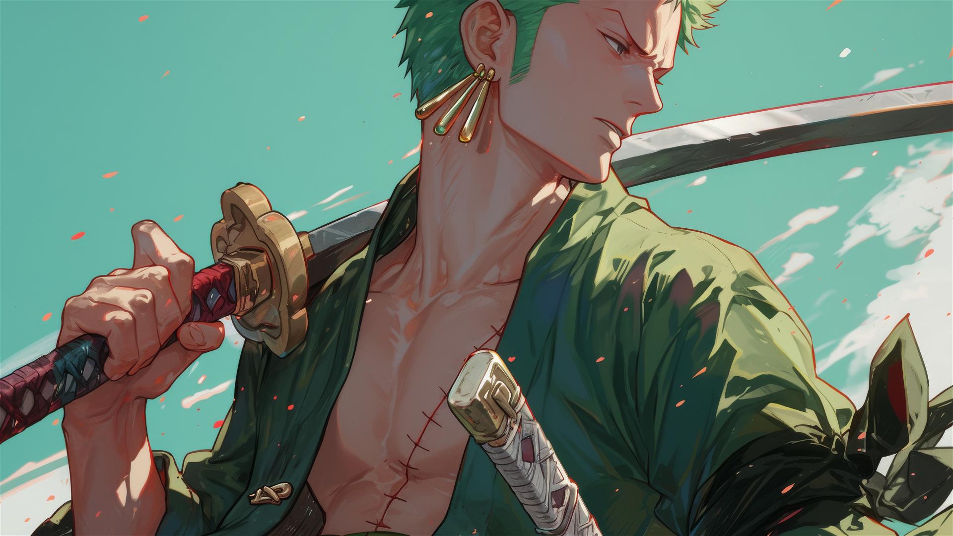 Roronoa Zoro from One Piece looks over shoulder onto a battlefield, ready to fight