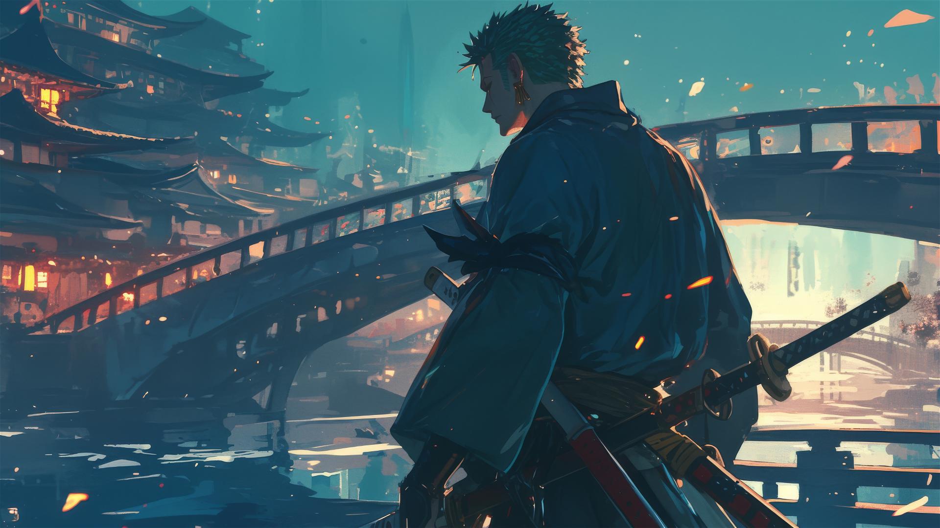 Roronoa Zoro on a deserted bridge with blurred city lights and a breeze at dusk
