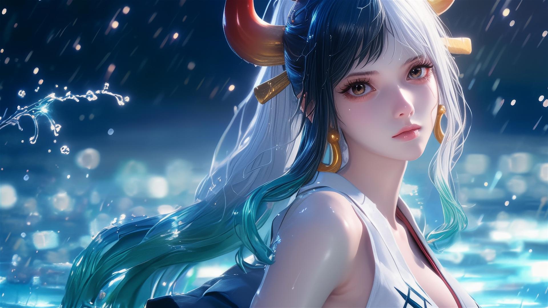 Yamato from One Piece standing in a pool under moonlight with rain in a white dress