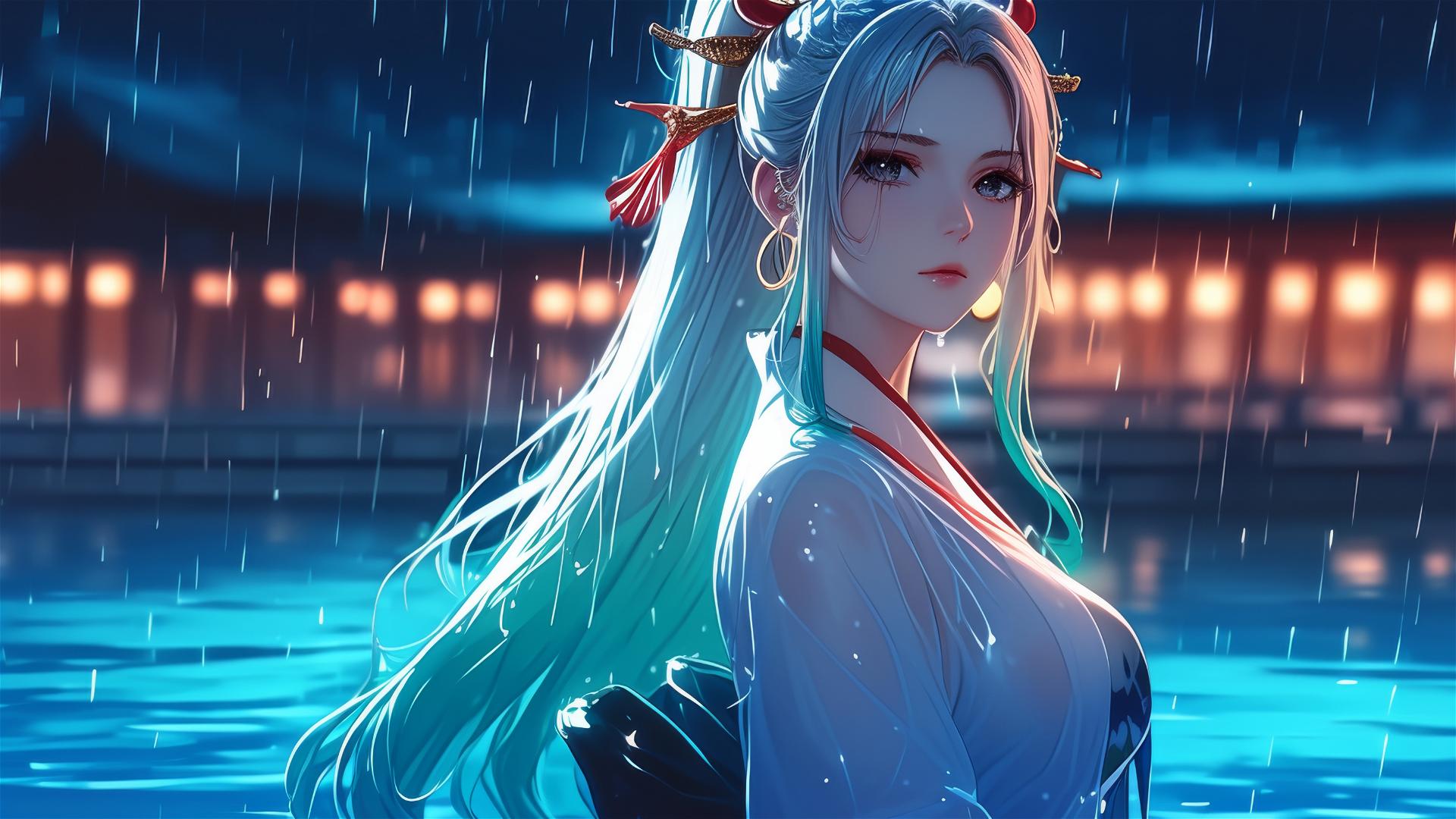 Yamato from One Piece standing in a pool under moonlight, rain, wearing white
