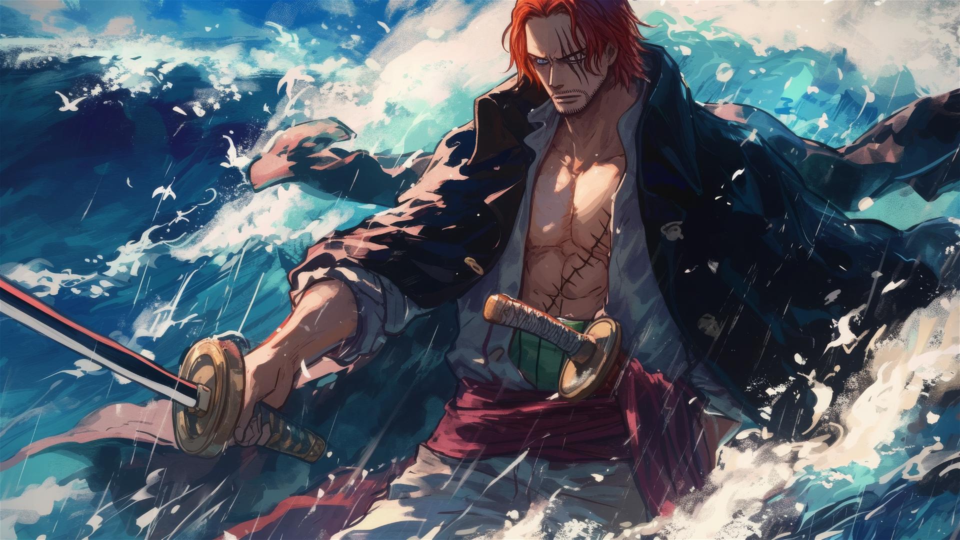Shanks from One Piece slicing a wave with his sword on ship's bow