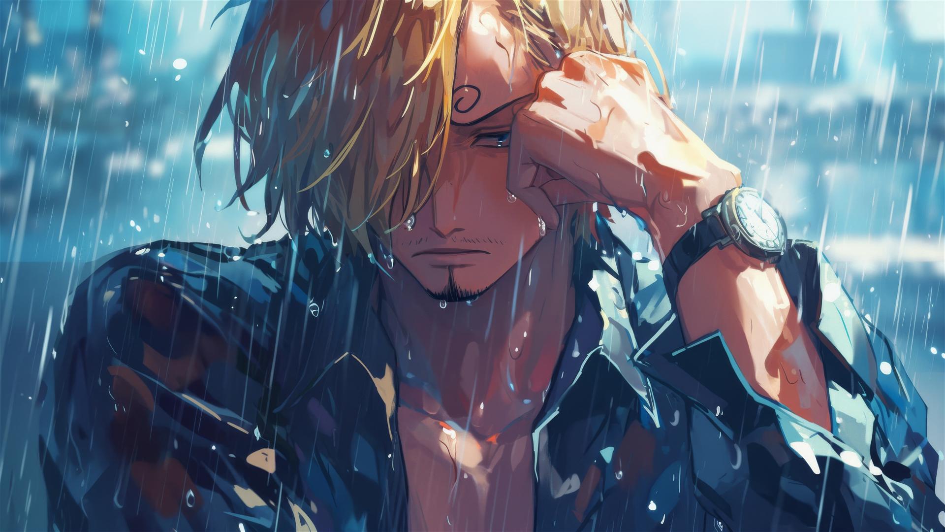 Sanji from One Piece with a thoughtful expression reflected in a puddle on a rainy deck