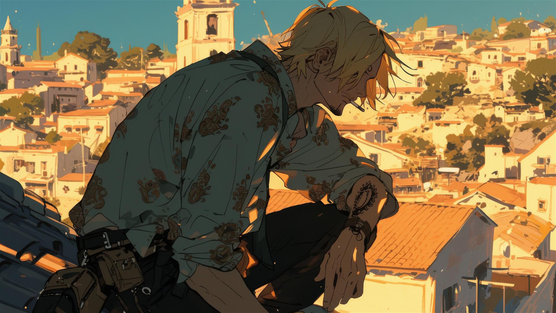 Sanji from One Piece on rooftop at dusk overlooking city