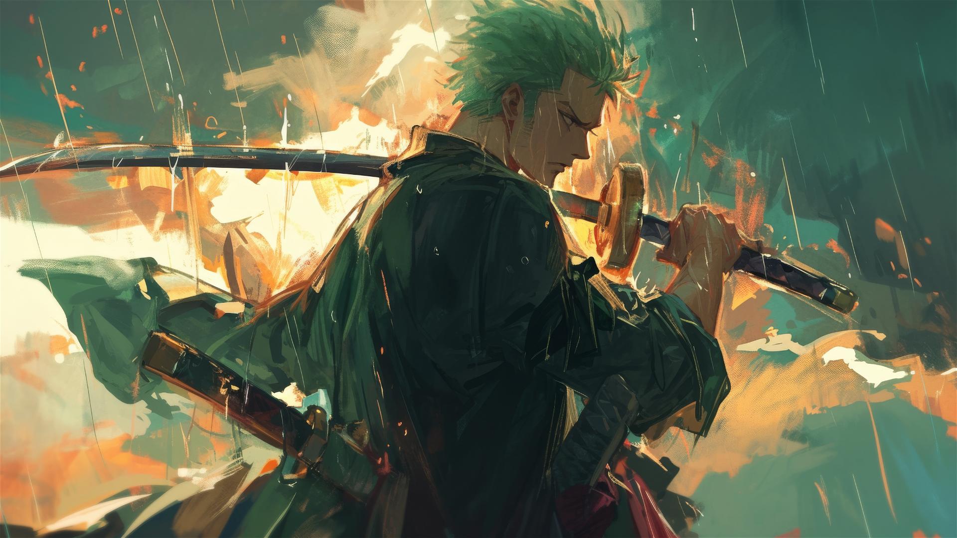 One Piece's Roronoa Zoro with swords drawn in a thunderstorm