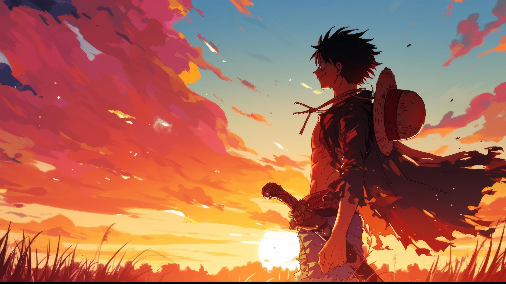 Luffy silhouette with sunset background