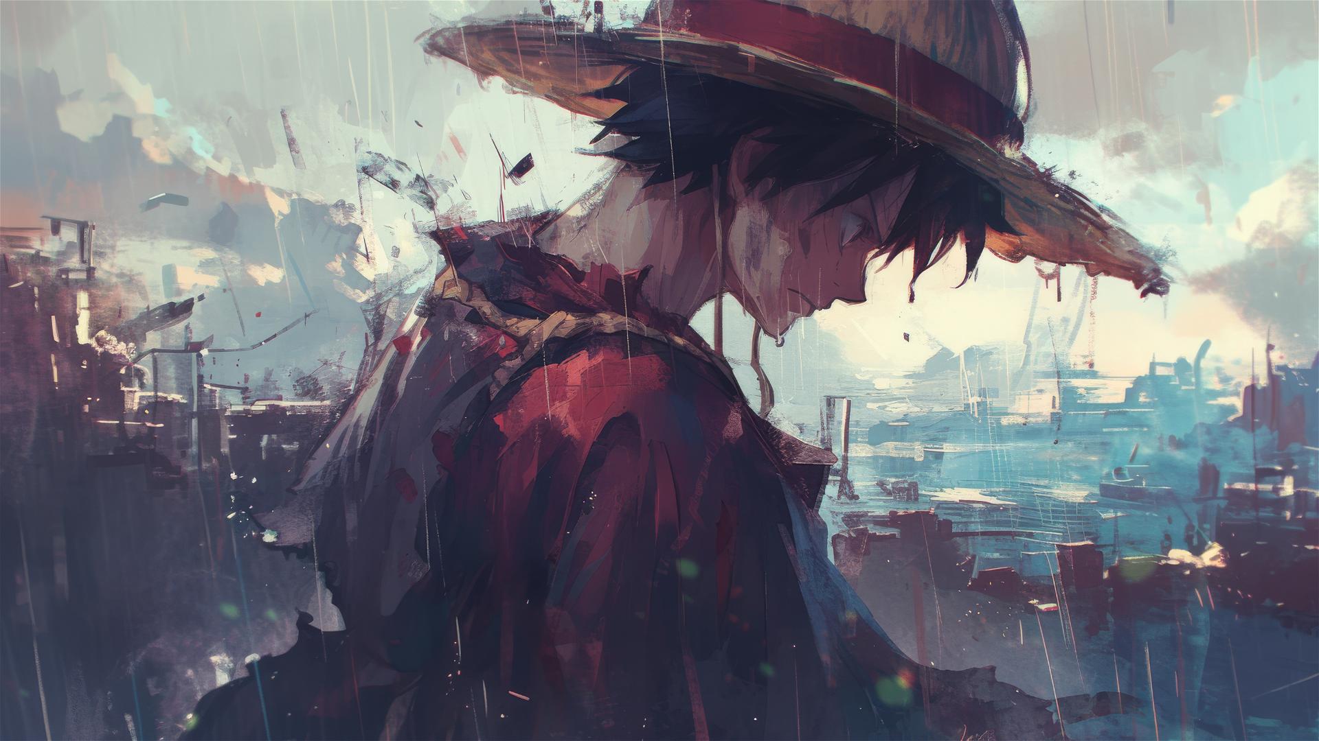 Luffy obscured by wet hat over foggy harbor