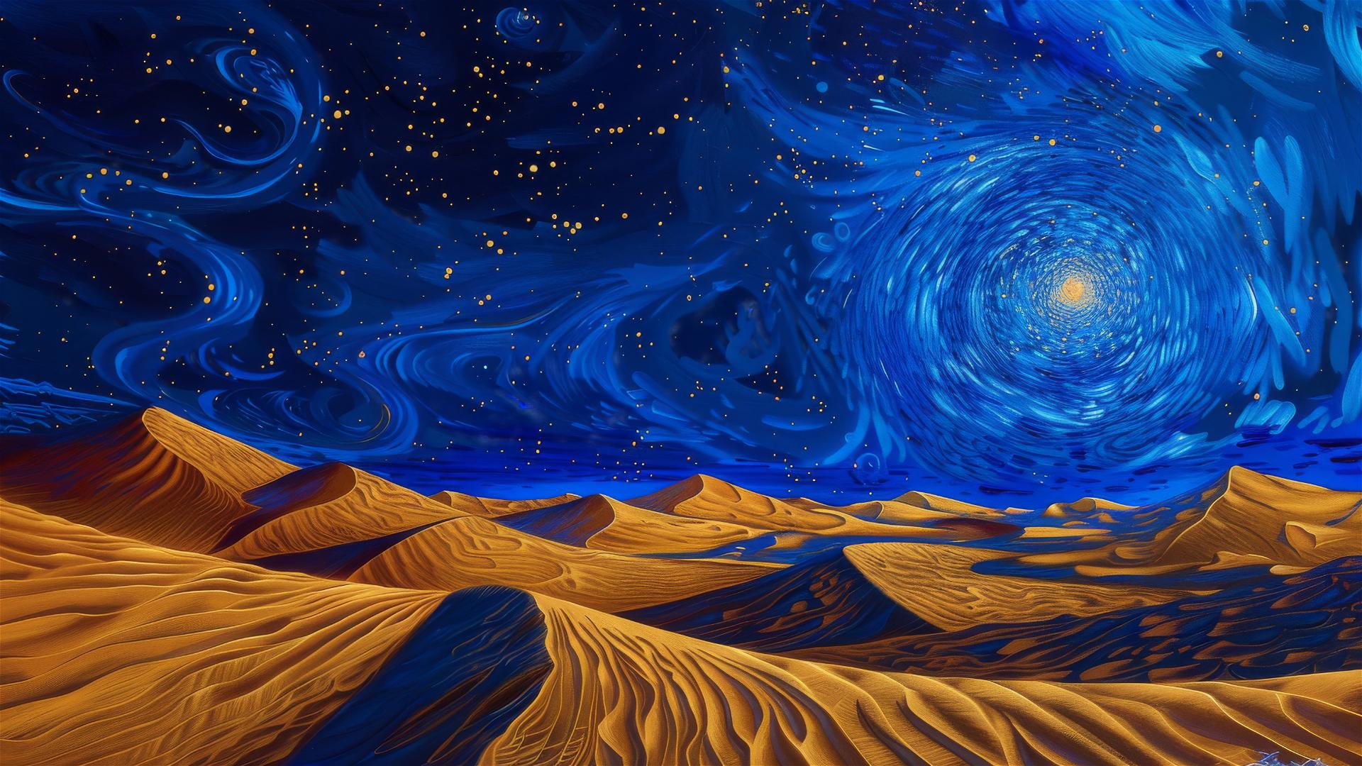 Van Gogh-inspired starry sky over Sahara Desert dunes at night
