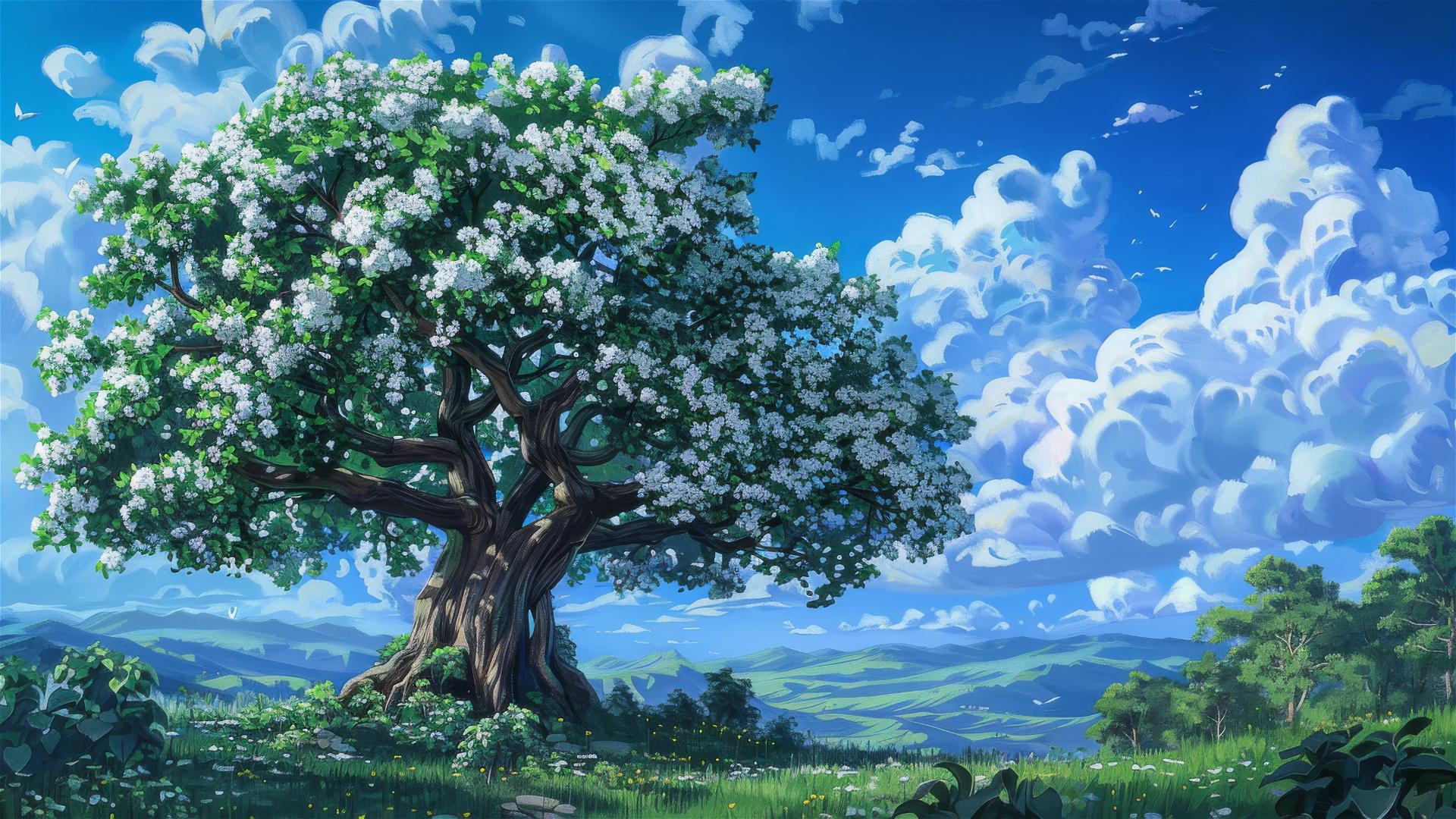 Oil painting of a tree with white flowers and green leaves under a blue sky with clouds