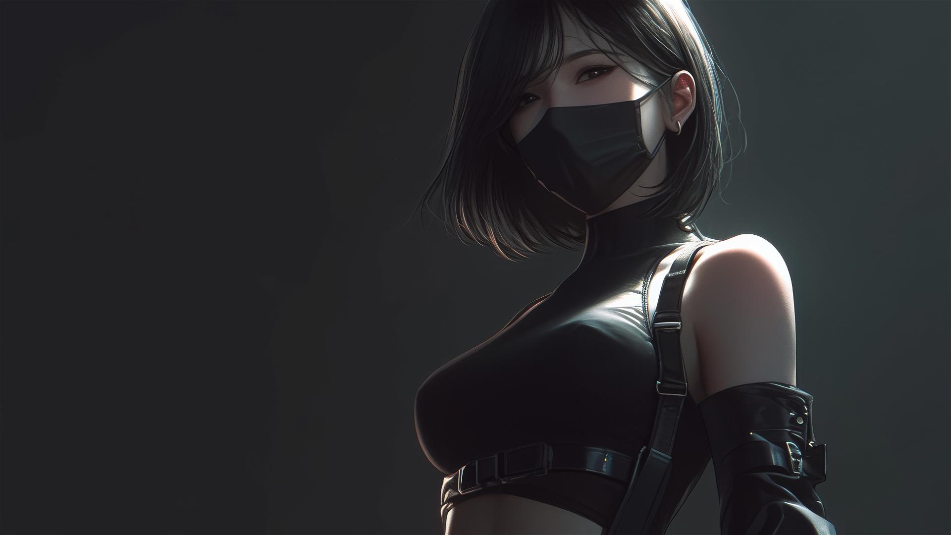 Motorsport racer girl with short hair and masked face in dynamic pose