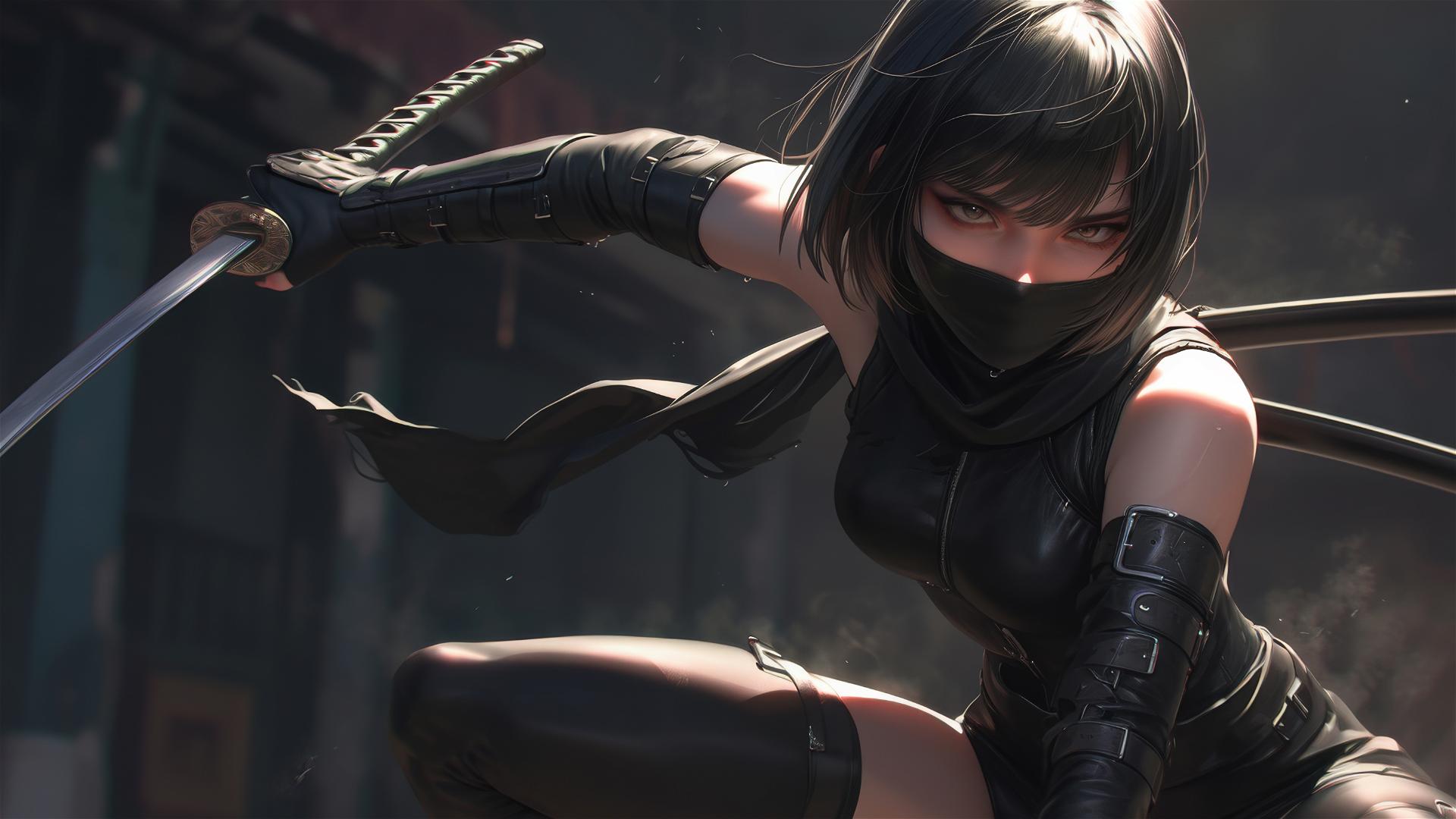 Ninja girl with short hair in dynamic pose, masked face, and thigh focus