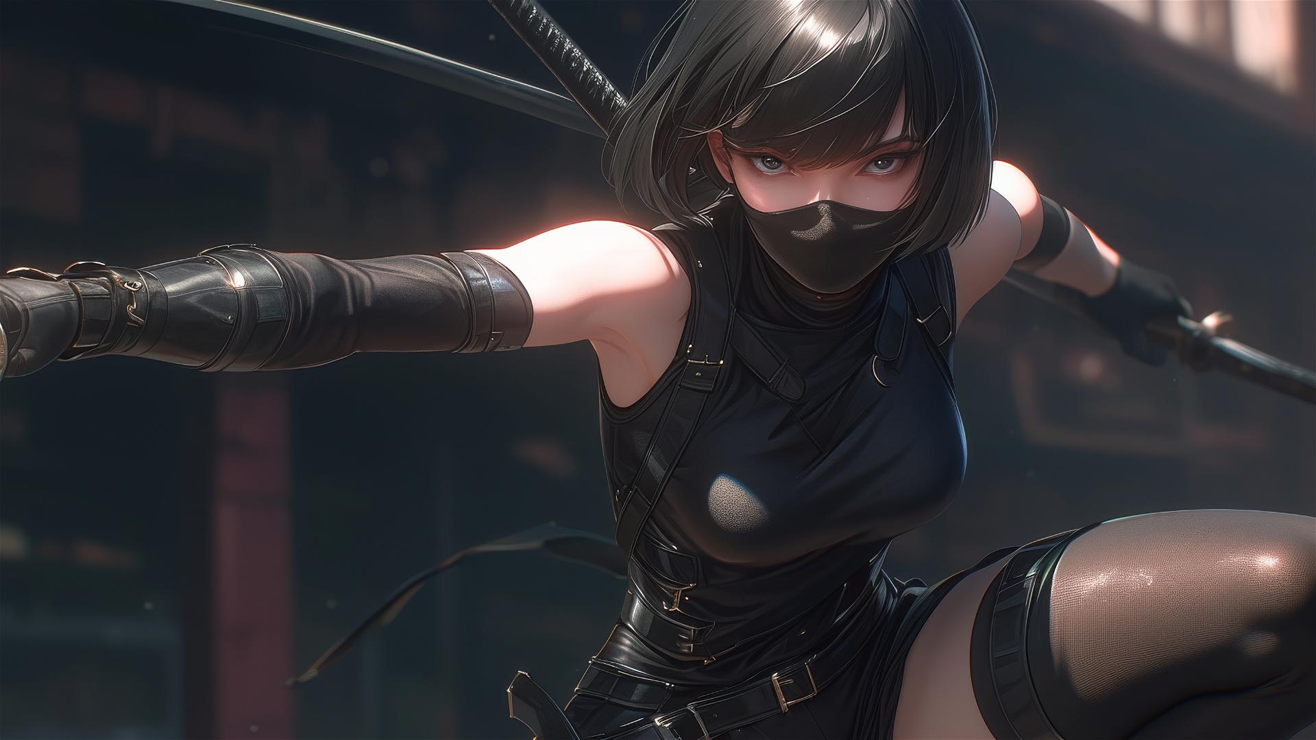 Ninja girl with short hair and dark mask in dynamic thigh-highlight pose