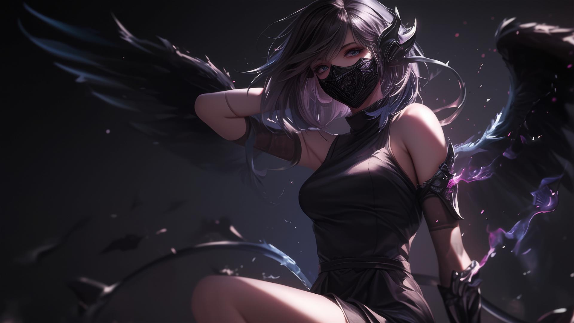 Demon girl with mask and thigh focus on dark background