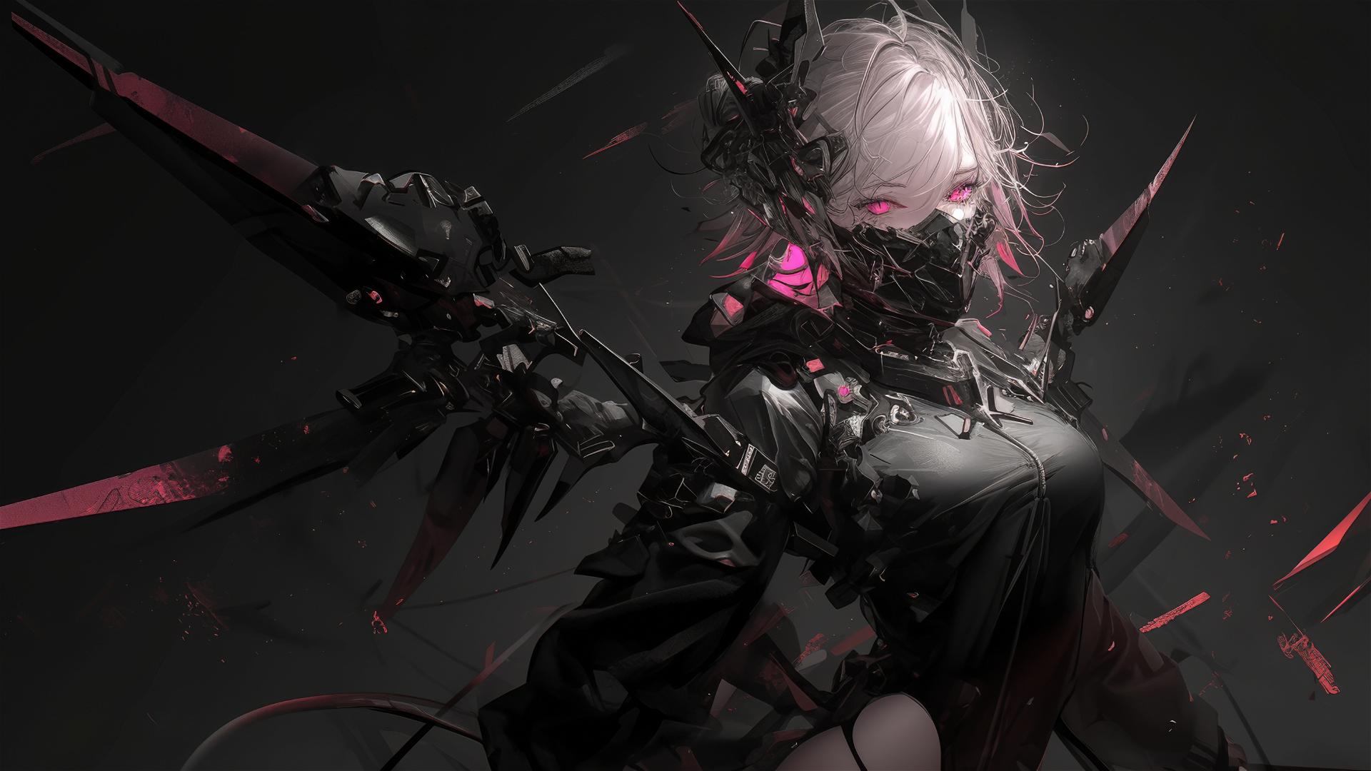 Demon girl with masked face and short hair in dynamic pose on dark background