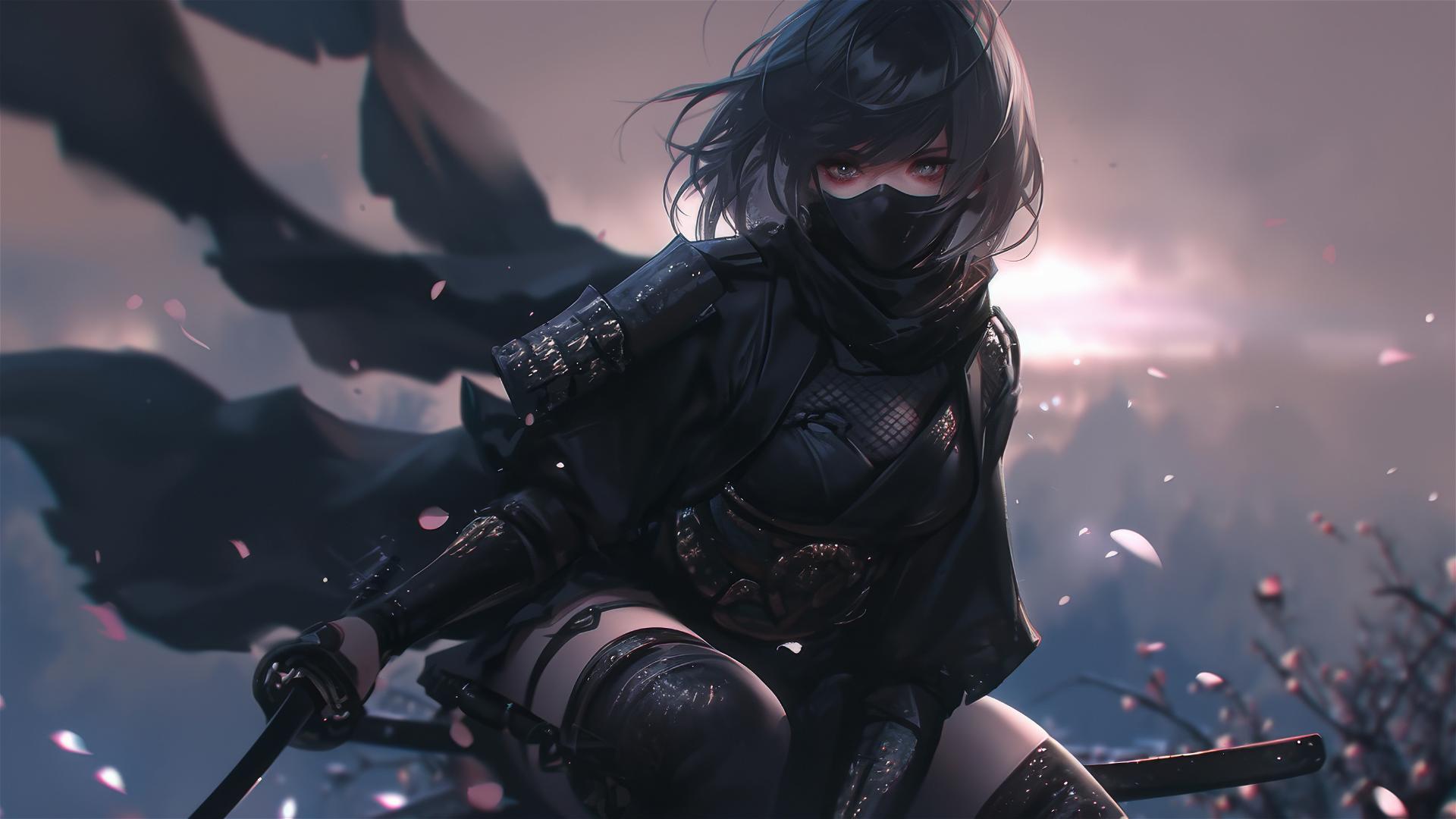 Ninja girl with short hair in dynamic pose highlighting thigh, masked face, spotlight effect on dark background
