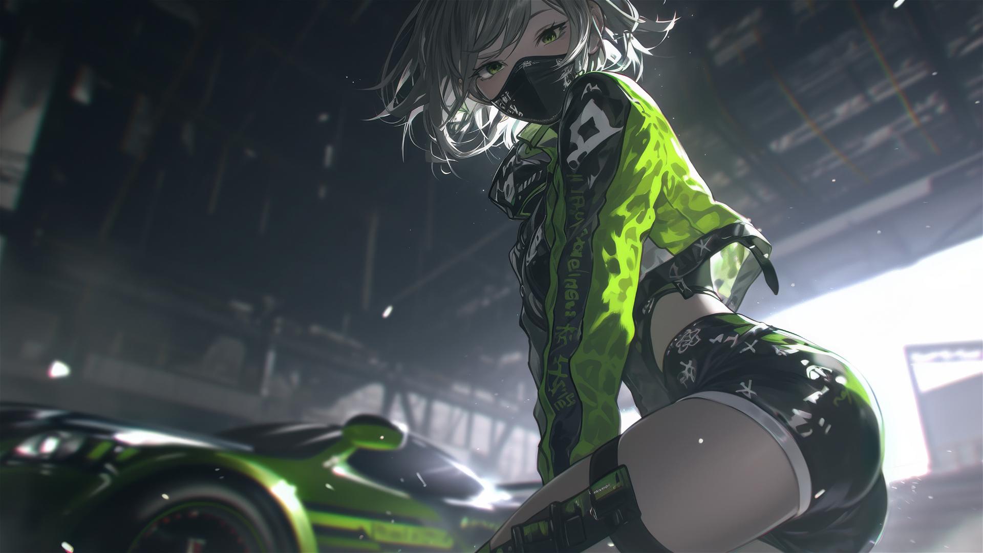 Motorsport racer girl with a focus on thigh, short hair, and a dark mask