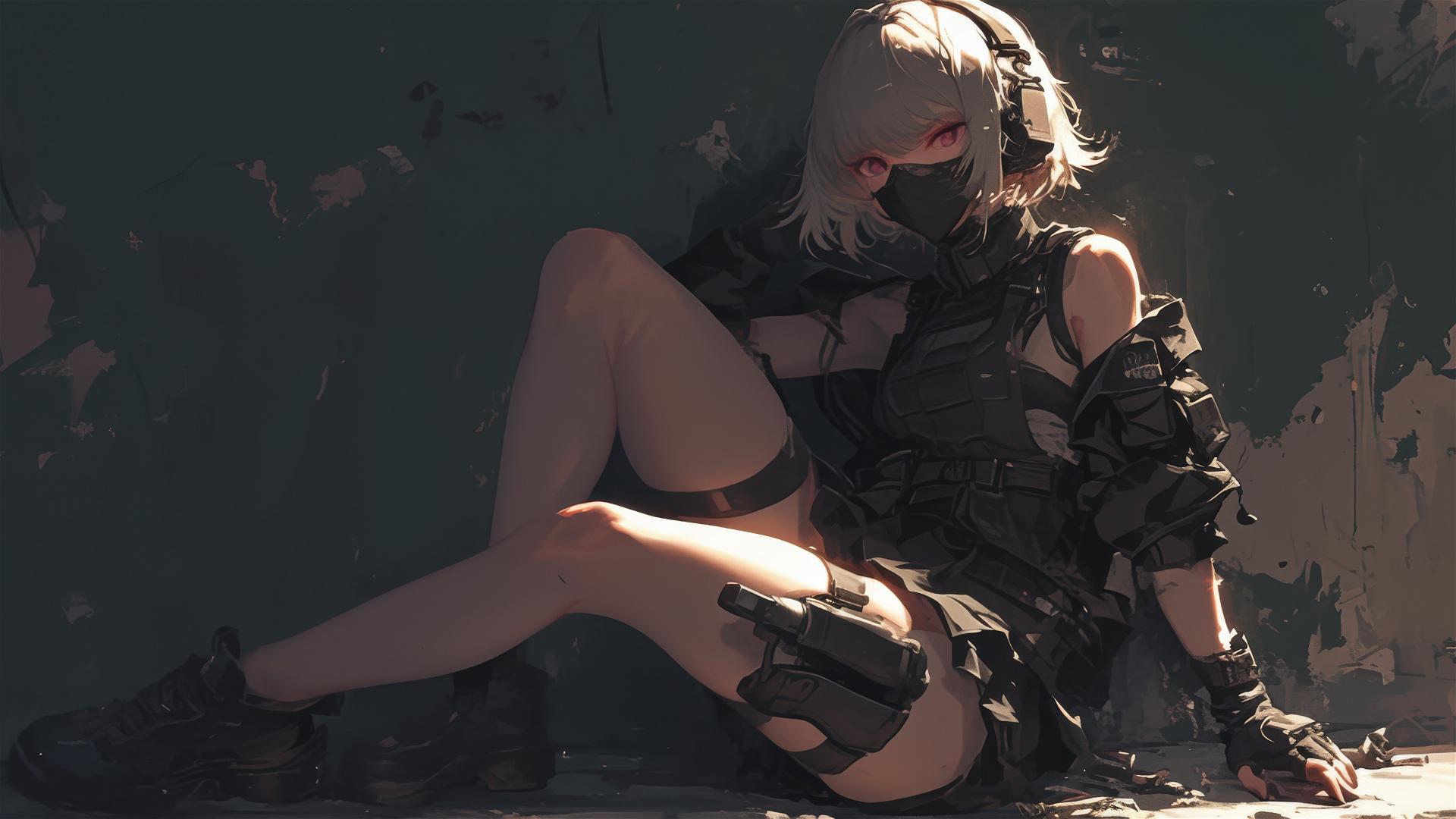 Tactical school girl with short hair and thigh focus in a dynamic pose, dark mask and spotlight effect