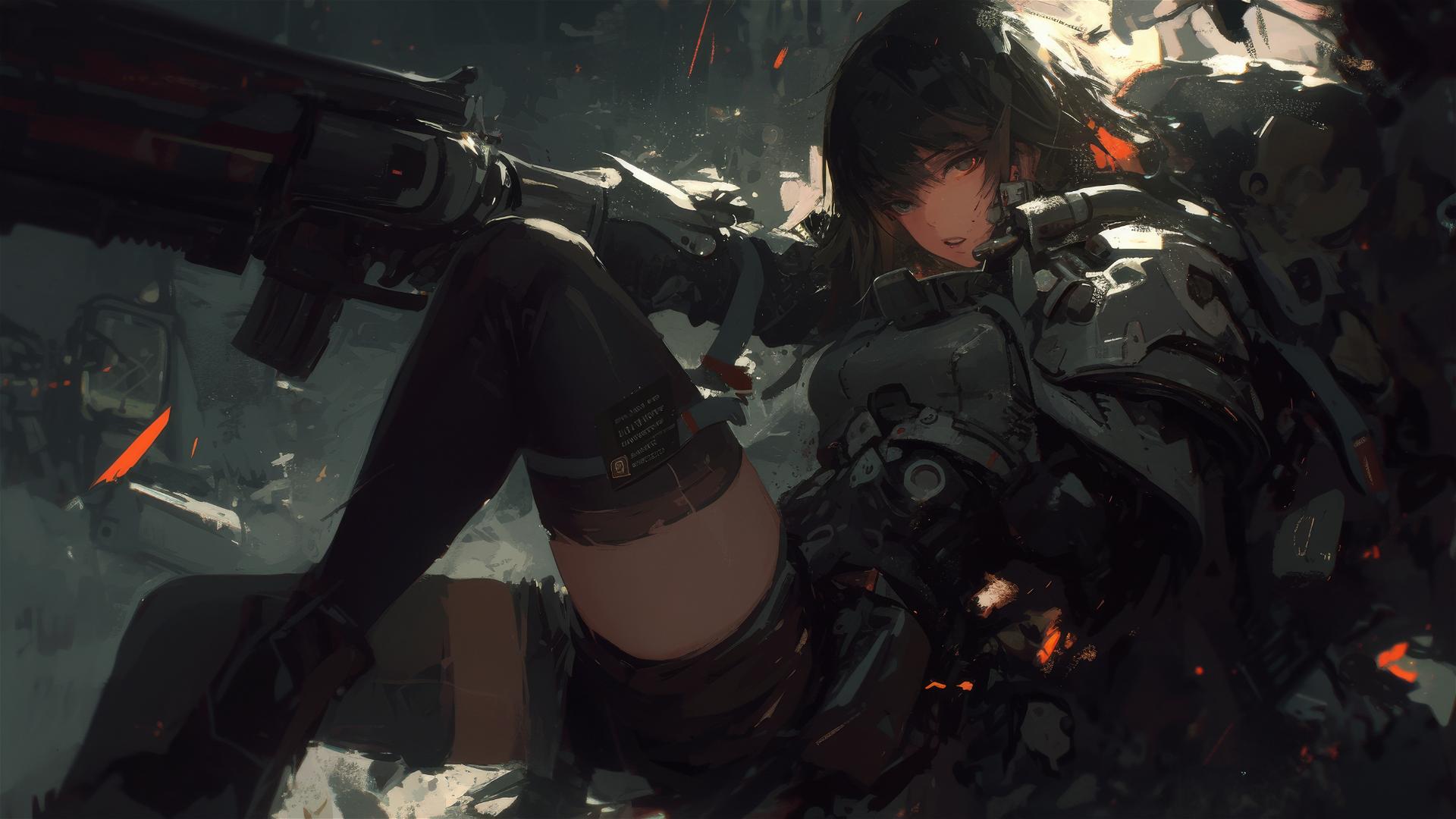 Space Marine Girl in dynamic pose with thigh focus on dark background