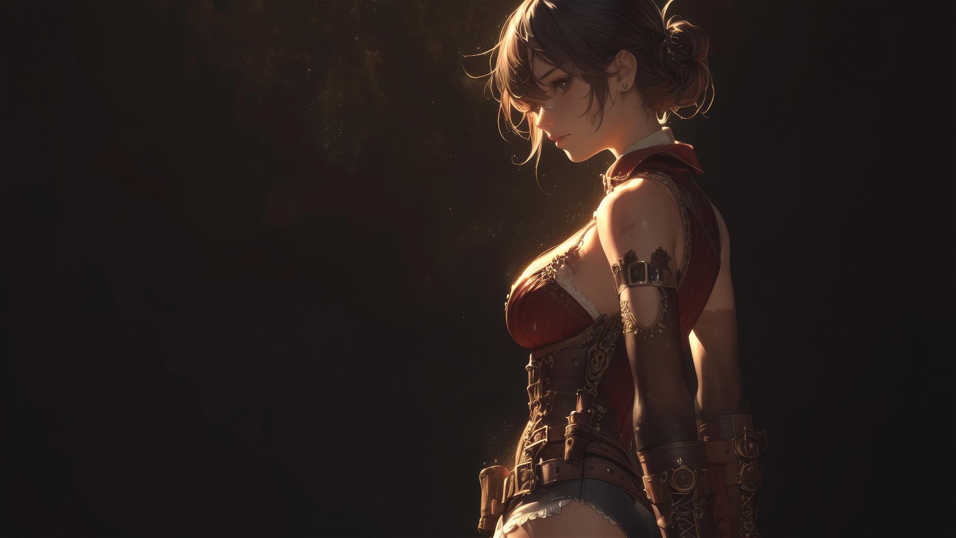 Steampunk adventurer girl in dynamic pose with thigh focus on dark background