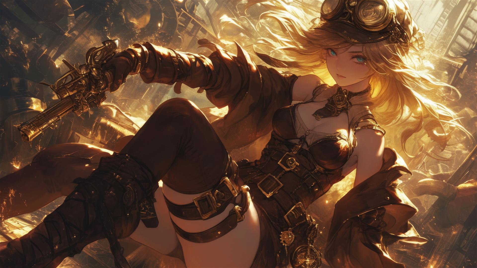 Steampunk Adventurer Girl with thigh focus in dynamic pose on dark background