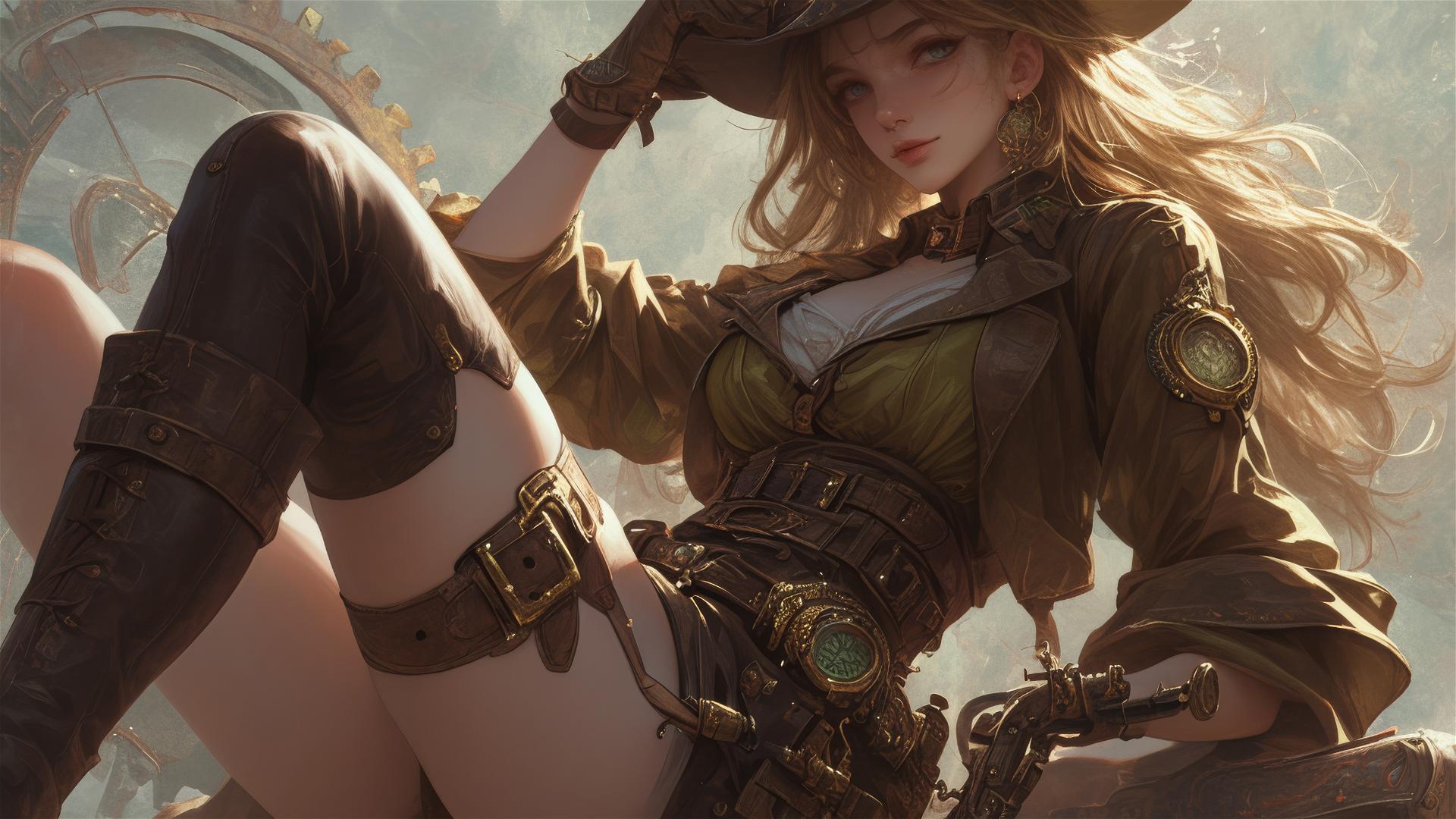 Steampunk girl in dynamic pose with thigh focus on dark backdrop