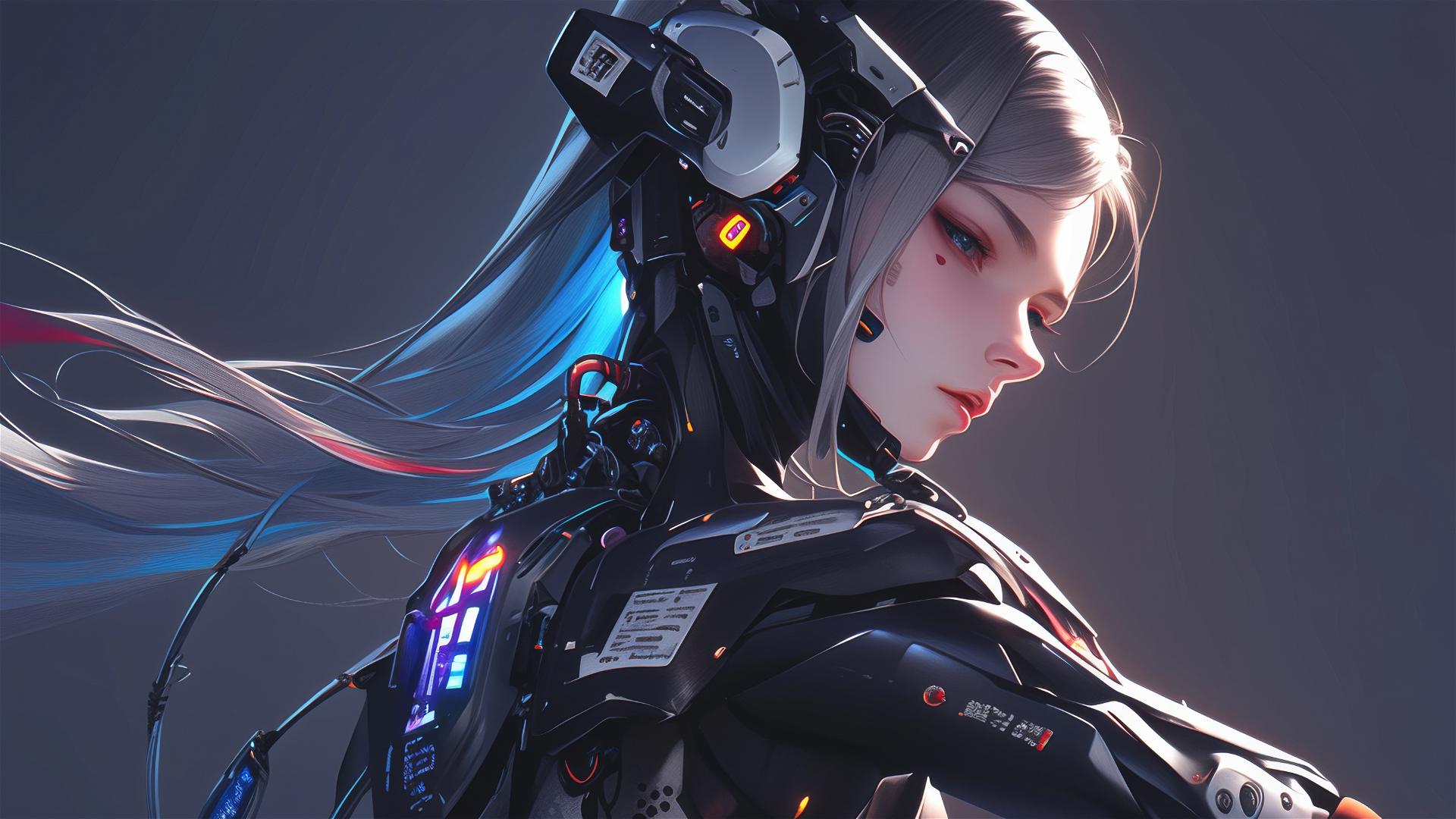 Cybernetic Agent Girl with thigh focus on dark background in dynamic pose