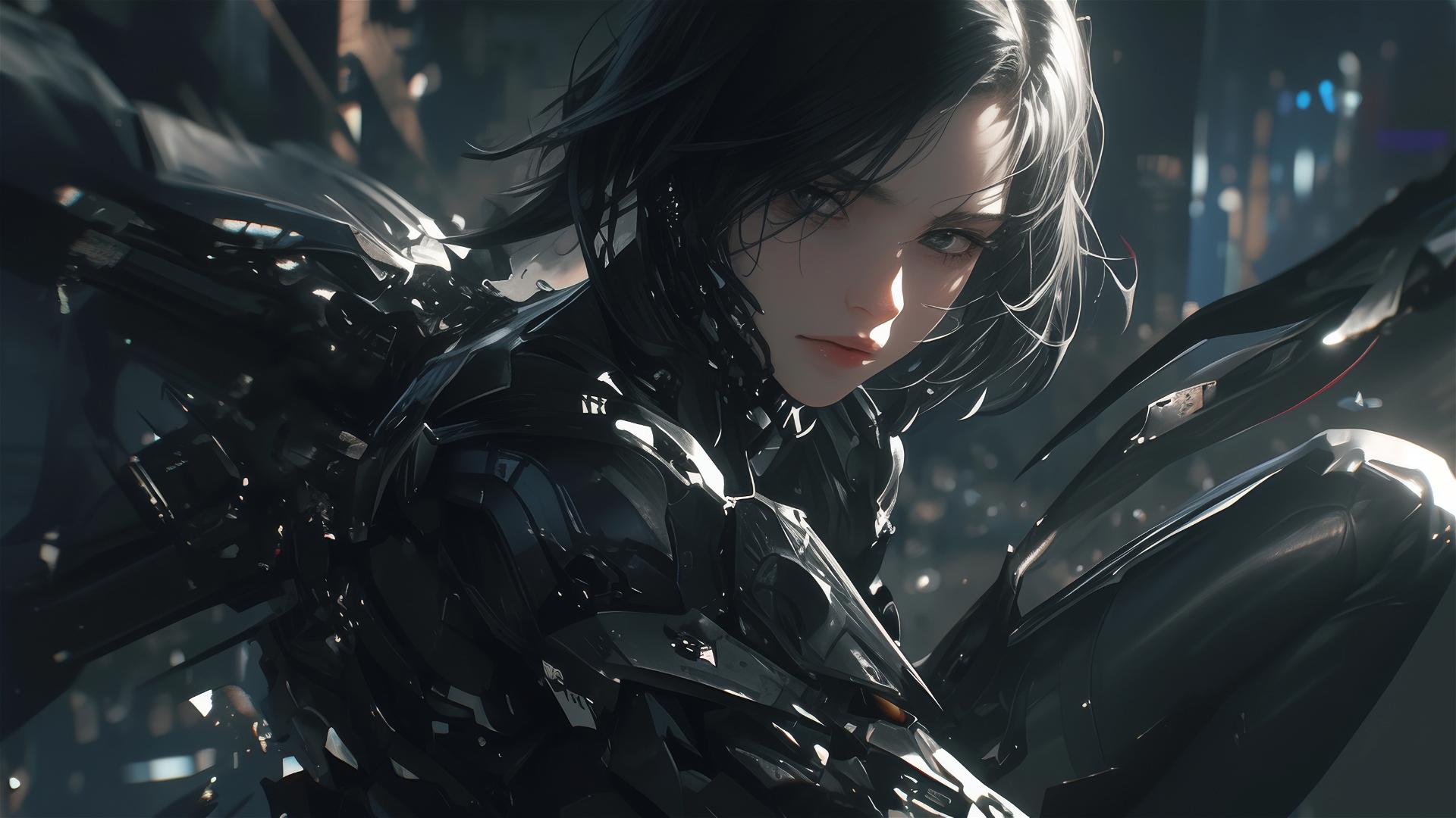Cybernetic agent girl in dynamic pose on dark background with spotlight effect