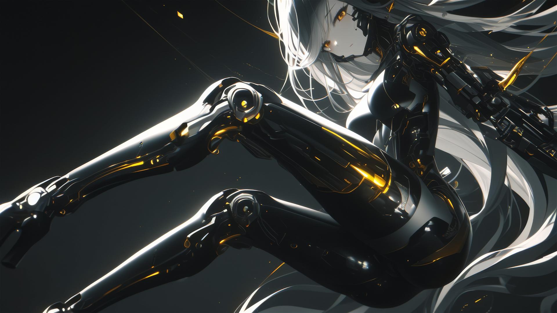 Cybernetic Agent Girl in dynamic pose with thigh focus on dark background