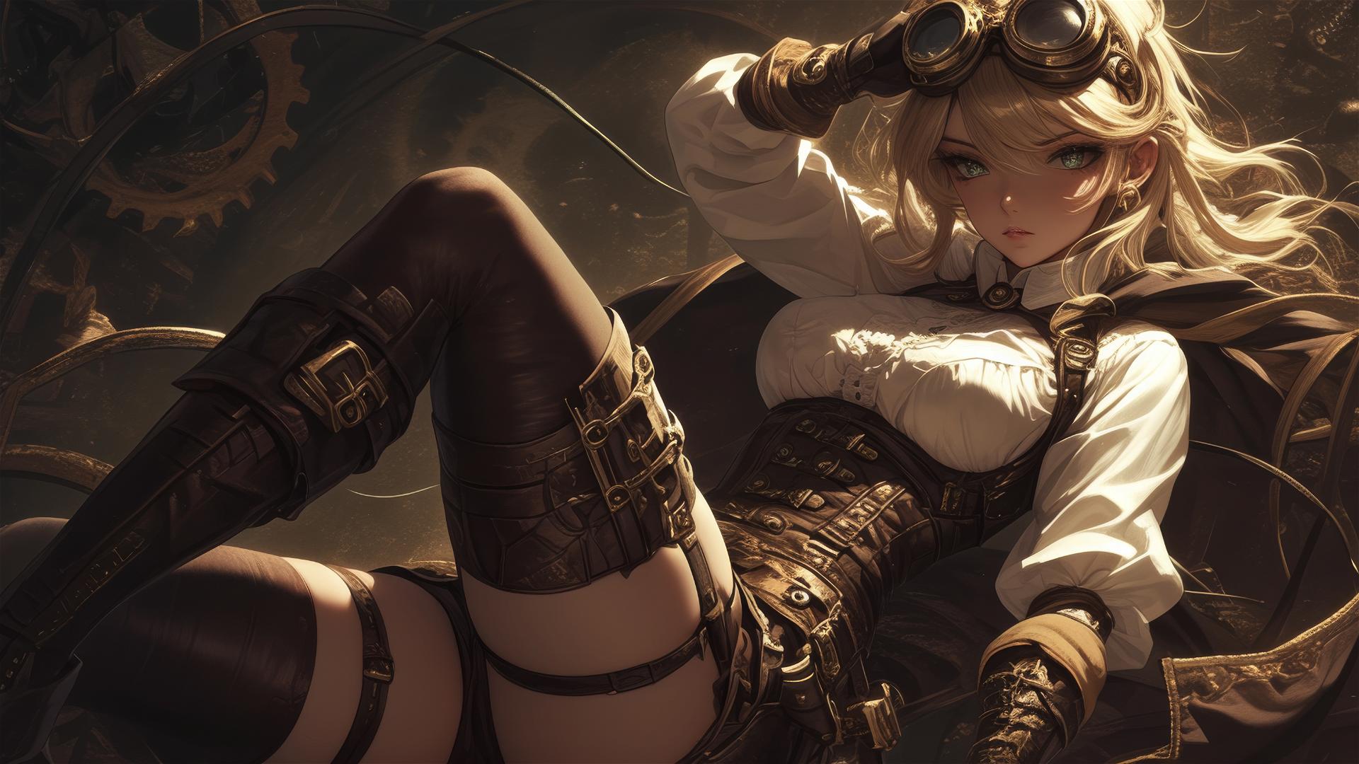 Steampunk adventurer girl in dynamic pose with thigh focus on dark background