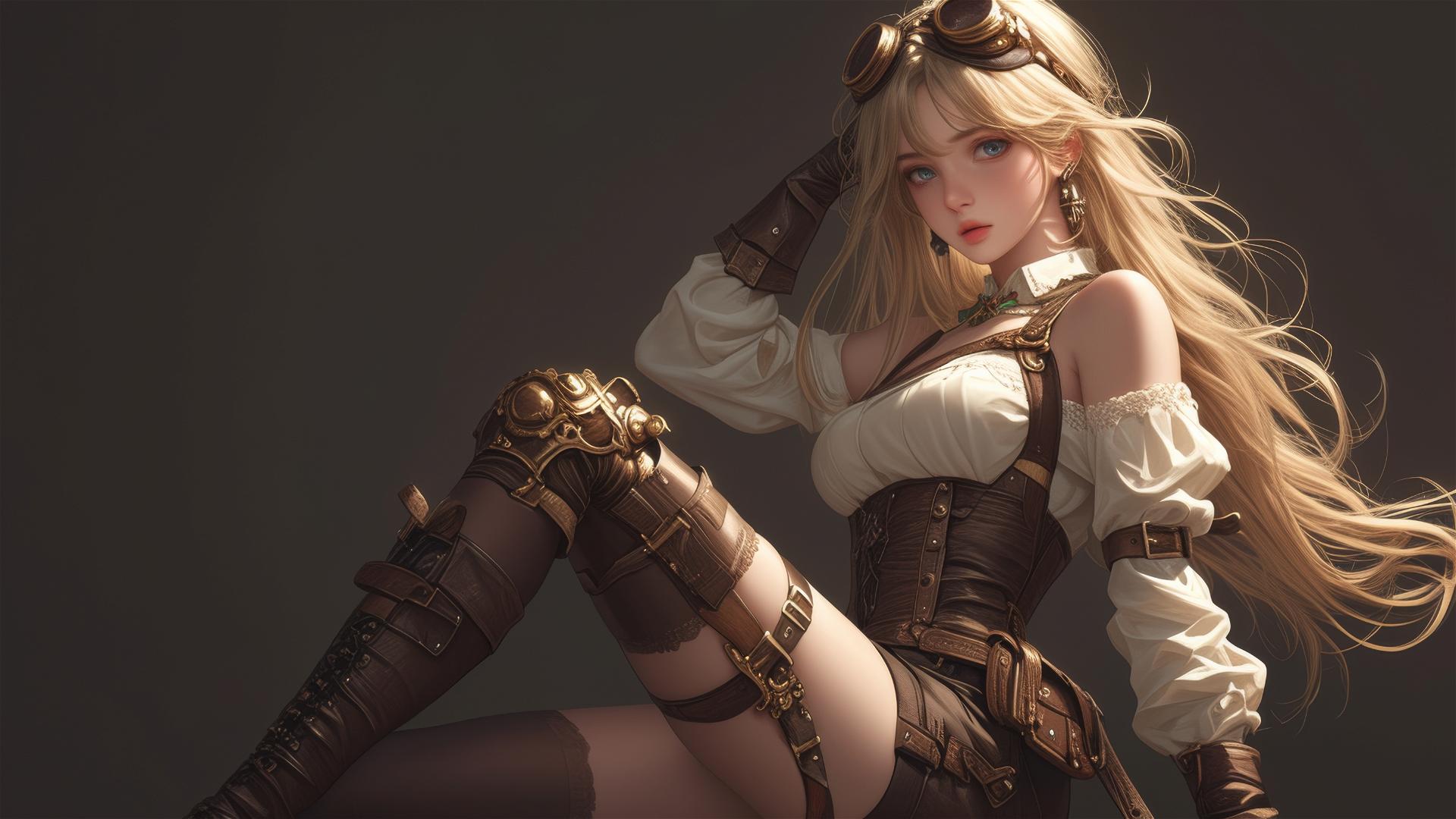 Steampunk Adventurer Girl in dynamic pose with thigh focus on dark background