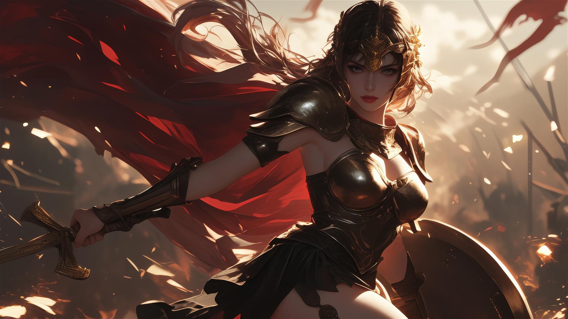 Gladiator Warrior Girl in dynamic pose on dark background with spotlight effect