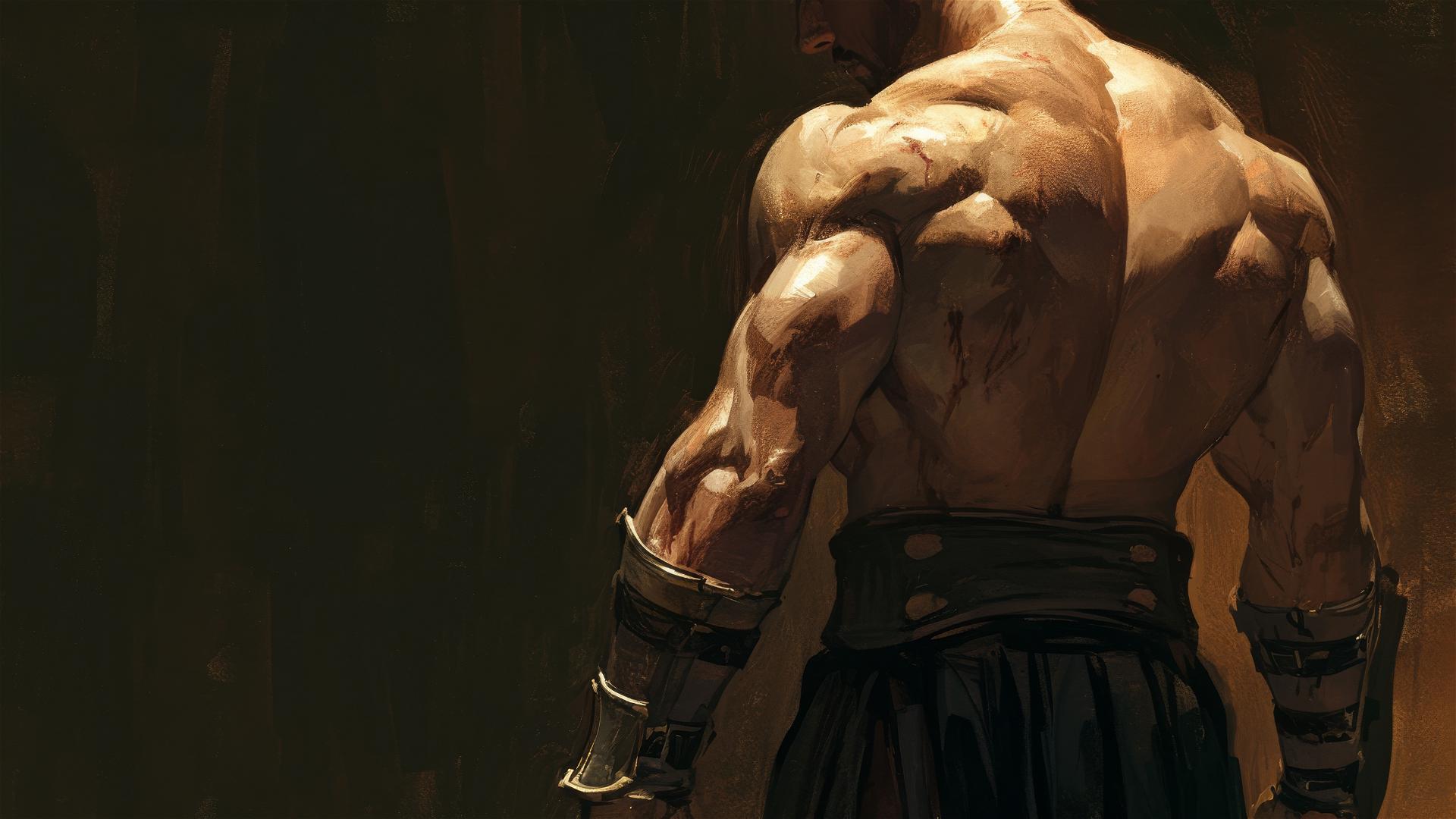 Gladiator warrior with thigh focus under spotlight on dark background
