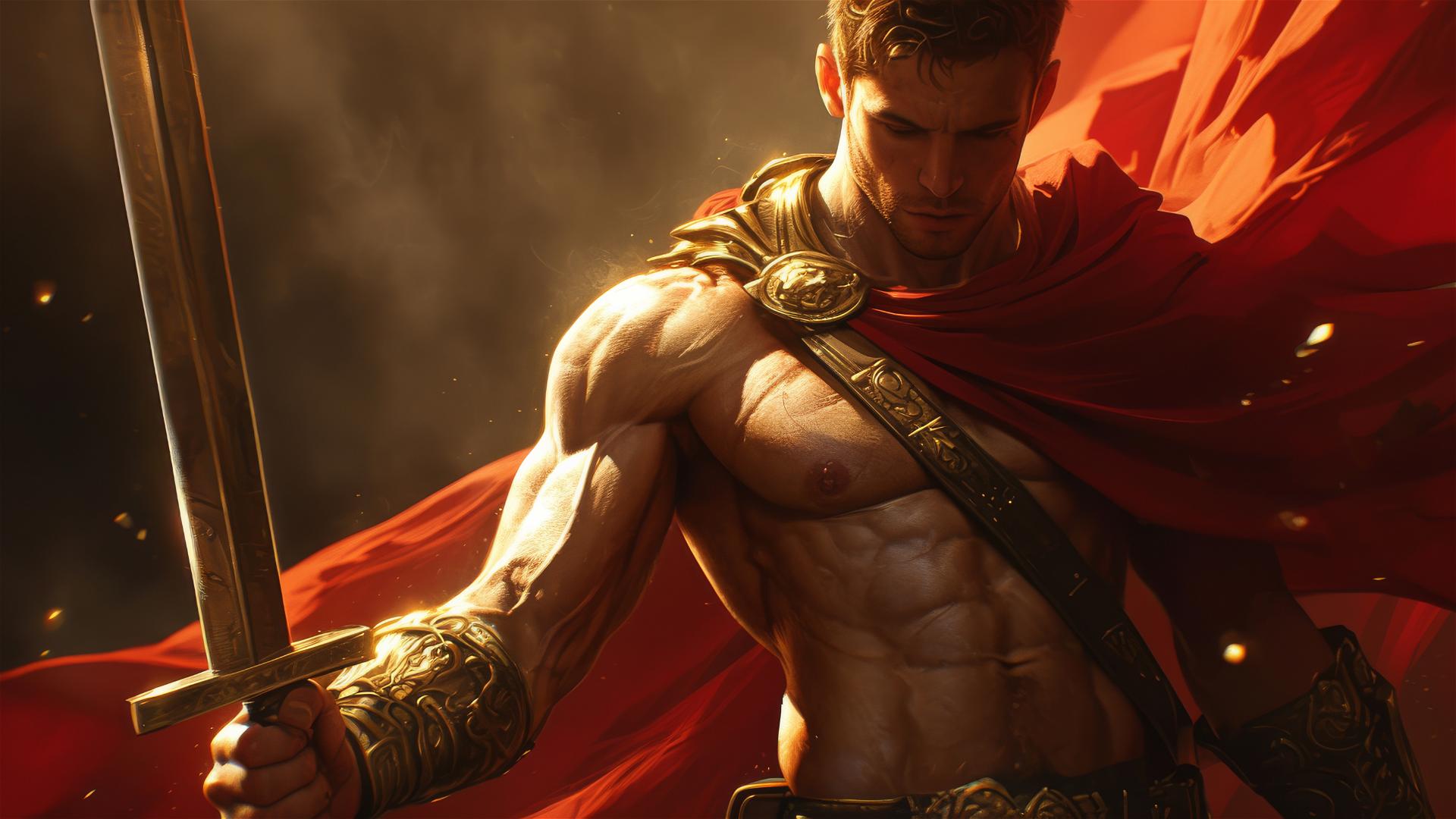 Handsome Gladiator Warrior in Spotlight on Dark Background