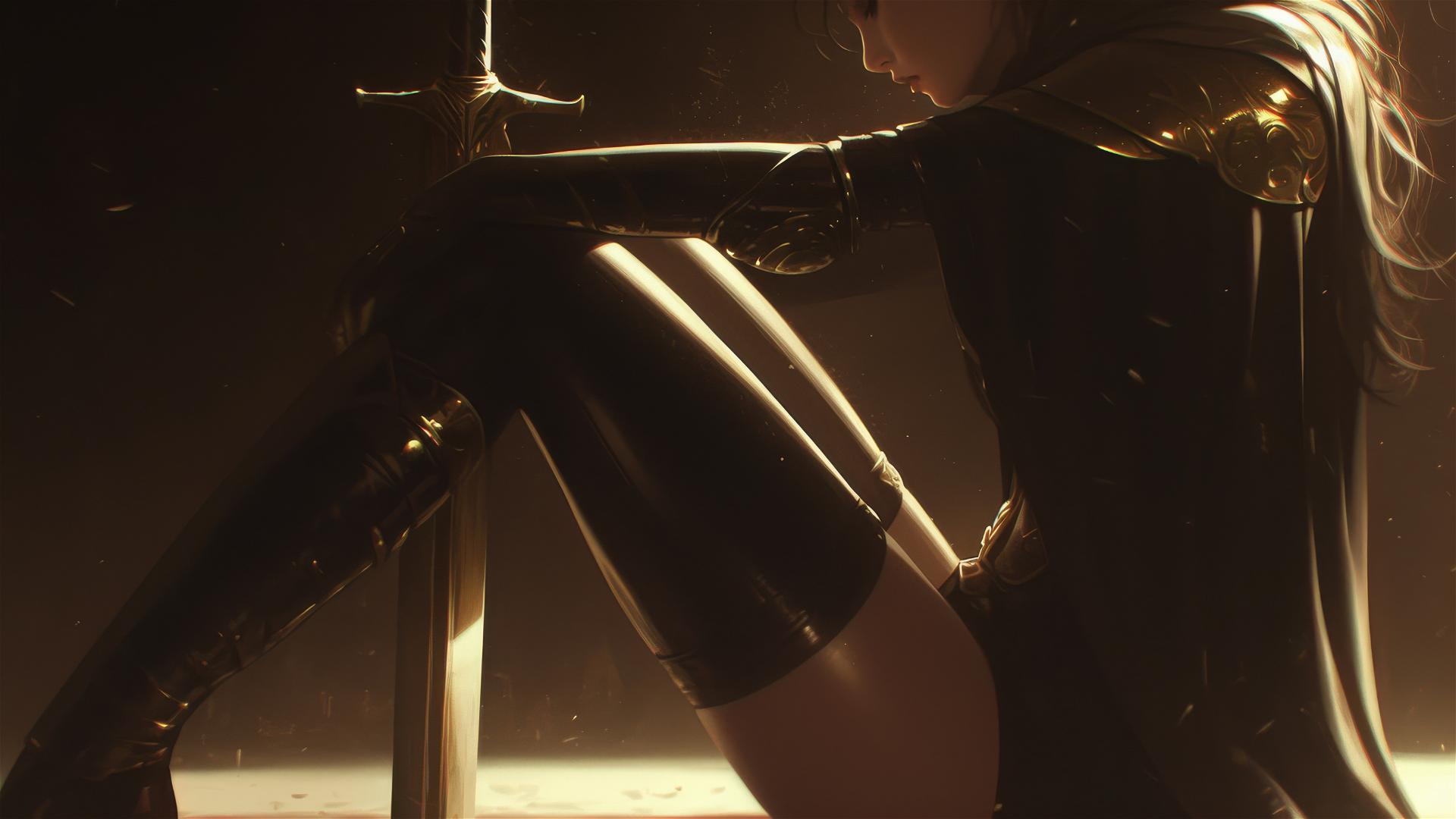 Gladiator Warrior Girl with thigh focus on a dark background with spotlight effect
